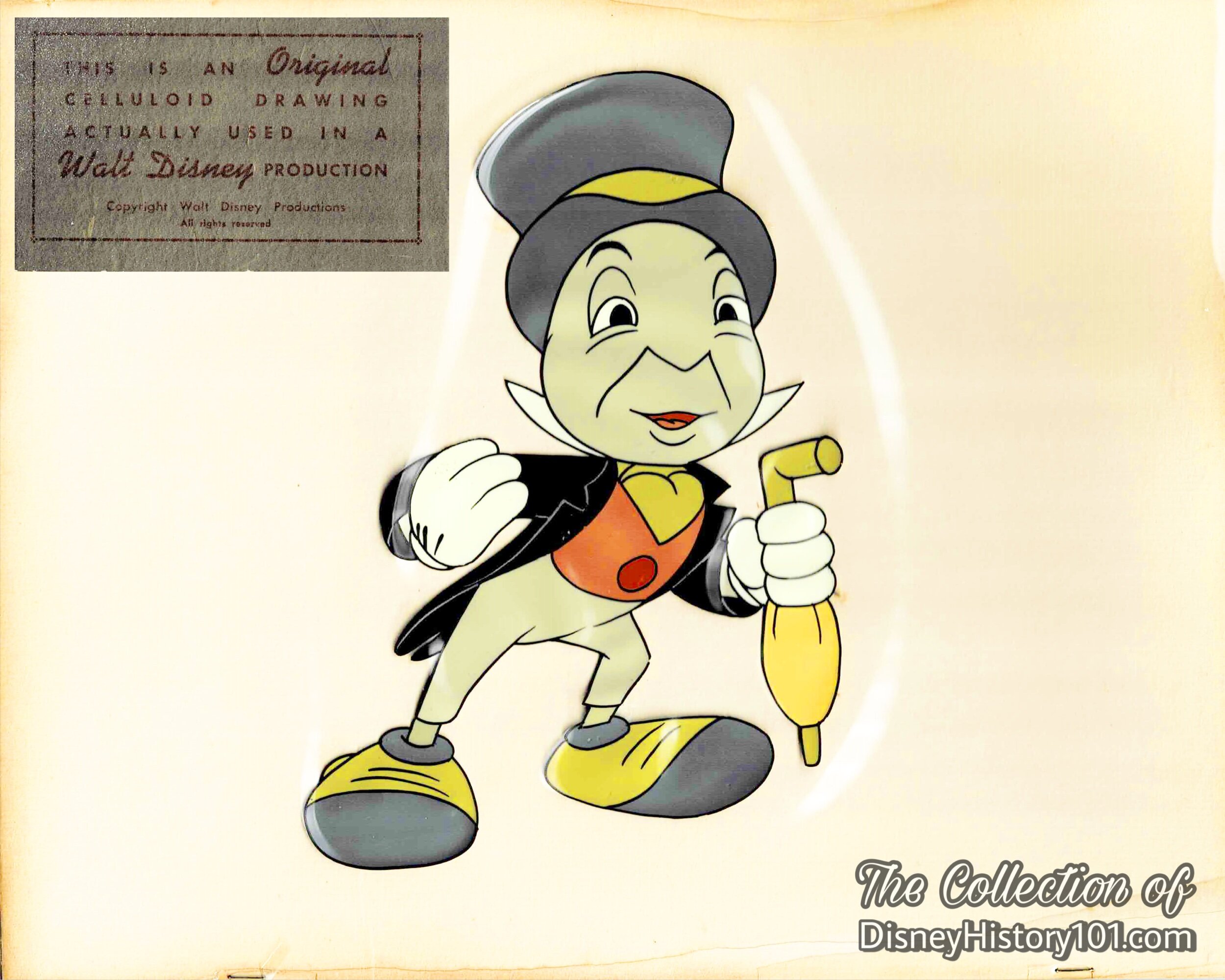 Authentic Jiminy Cricket "Walt Disney Original" inbetween animation cel with character color on cellulose acetate