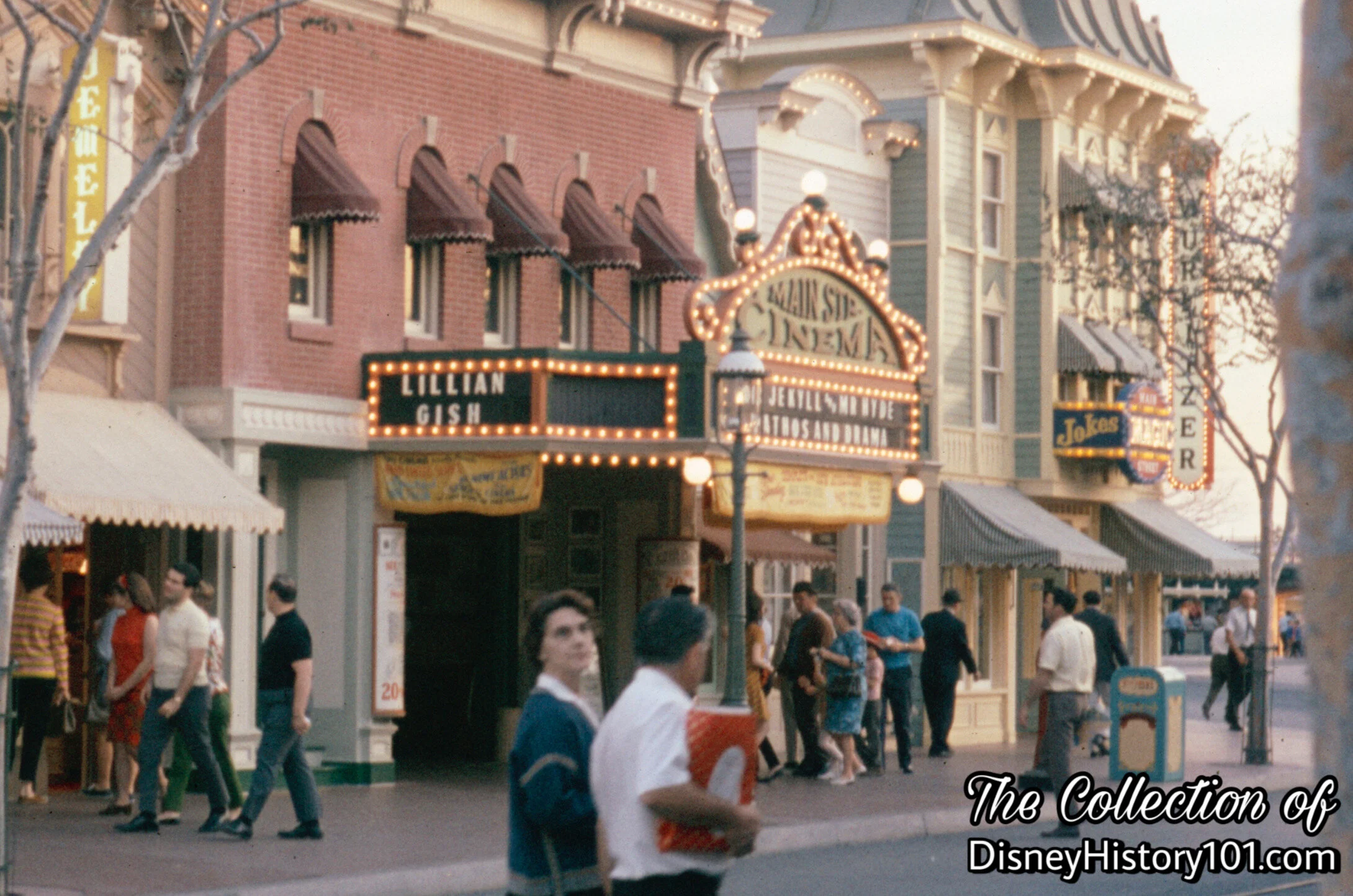 Main Street Cinema marquee advertising “Dr. Jekyll and Mr. Hyde”, the words “Pathos and Drama” and silent film actress Lillian Gish.