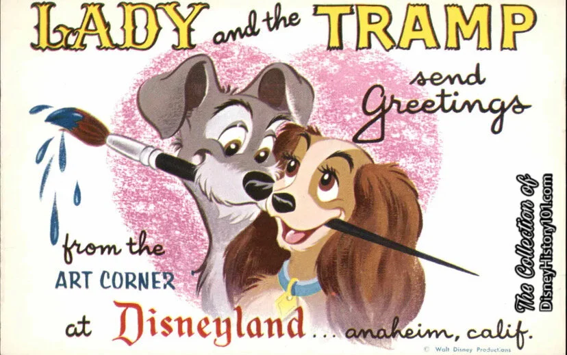 "Lady and the Tramp Send Greetings from the Art Corner at Disneyland" Souvenir Art Corner Postcard Exclusively Designed for Disneyland by Art Corner Artists 