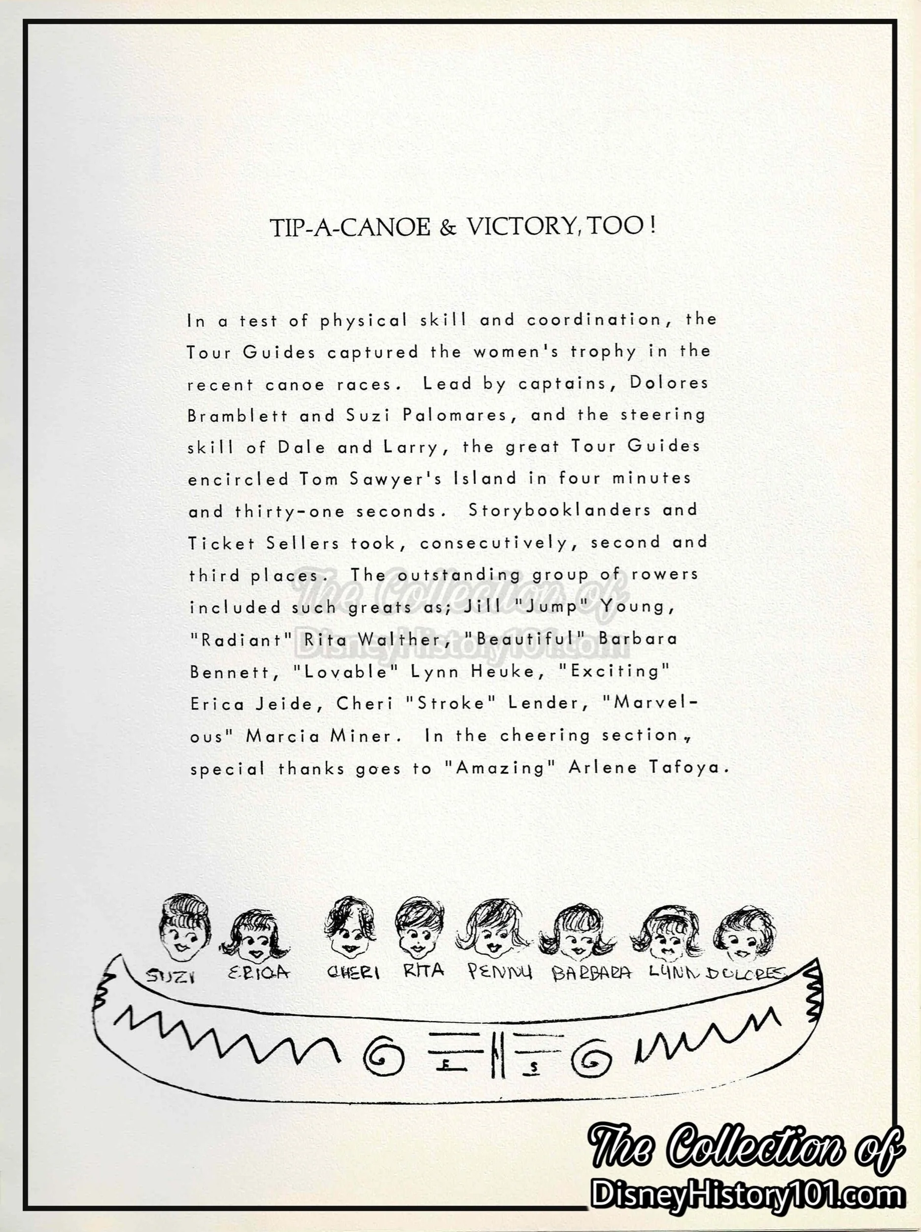 “A World of Smiles ‘65 - Dedicated to the Summer Tour Guides 1965” Excerpt Preserved the Tour Guides’ Canoe Race Victory