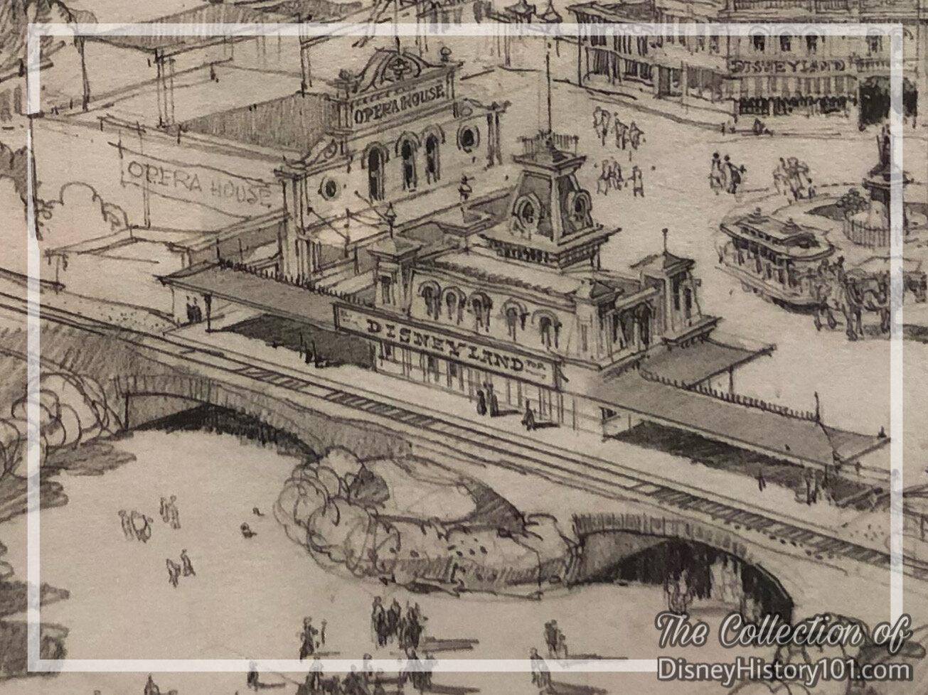 “Draw Concept” - An Excerpt of “Aerial View Over Disneyland,” by Herb Ryman (originally produced September 26 & 27, 1953) depicts the Opera House on the East side of Town Square.