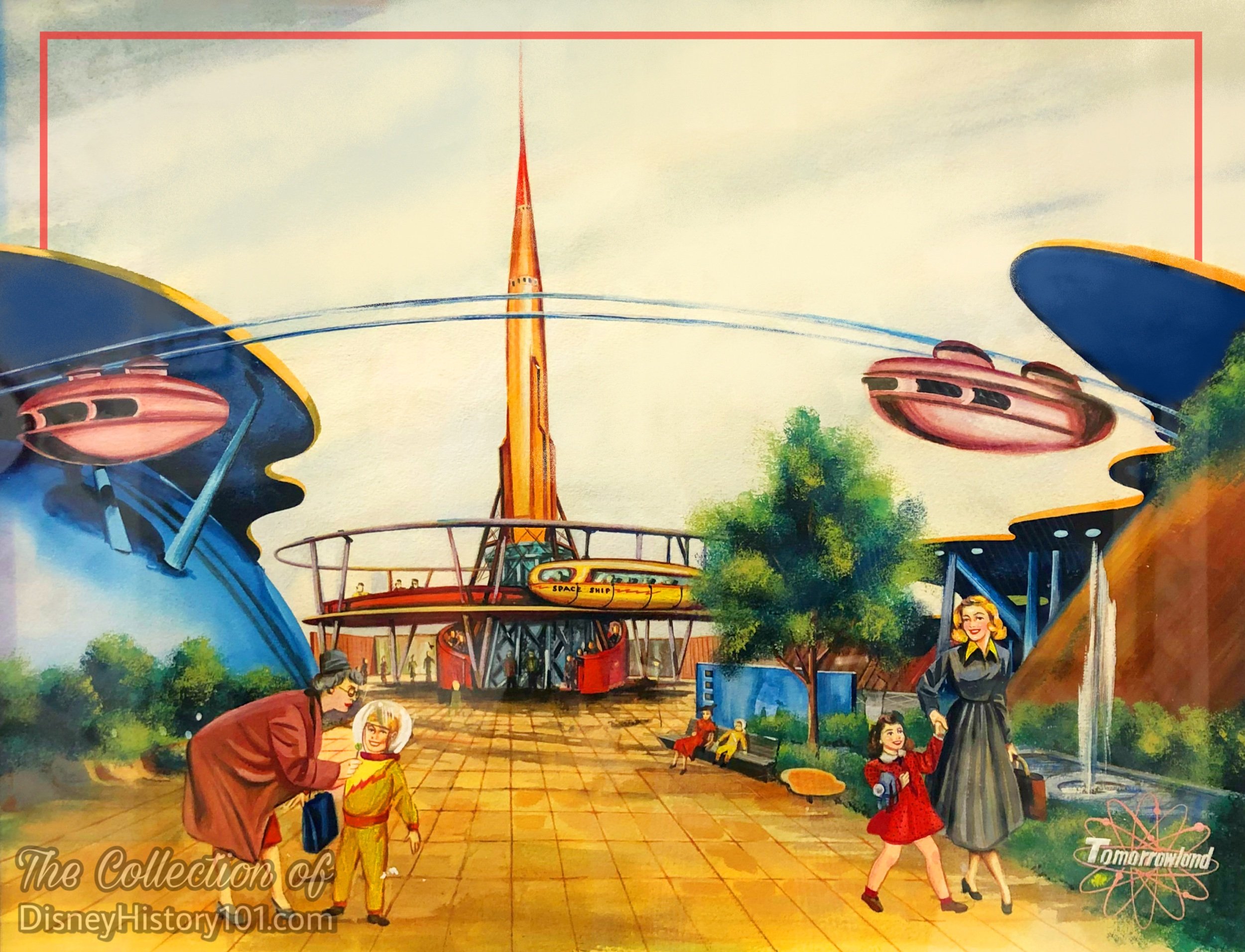 This c.1955 Jaymar Tomorrowland Puzzle Artwork features a suspended Monorail similar to those that appeared in some of Herb Ryman's c.1954 “Entrance Land of Tomorrow” suggestions.