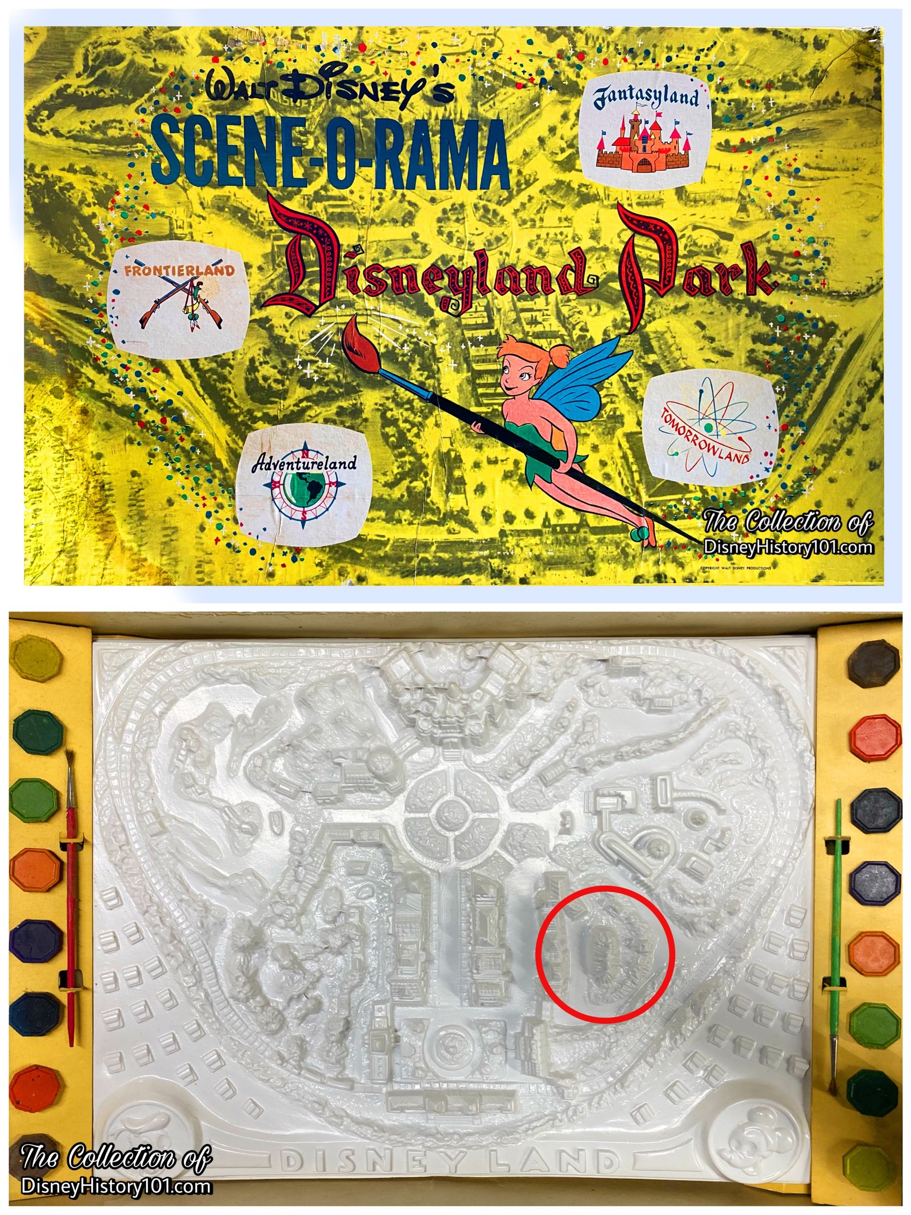 A Circus tent is featured in this dimensional “Walt Disney’s Scene-O-Rama Disneyland Park” ; early Disneyland Park merchandise by Lido Toys, c.1955.