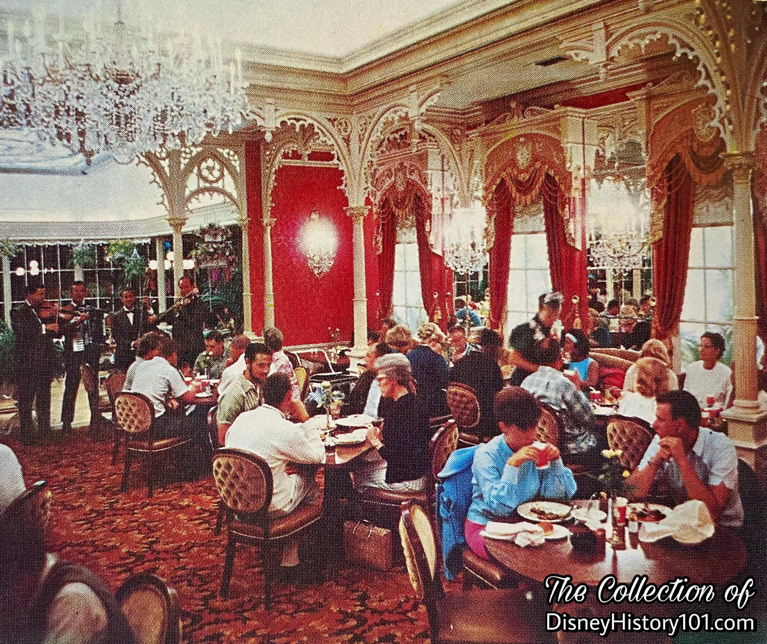 The “rich red brocade,” stained glass, delicate crystals, and Plaza Strings Orchestra set the tone for the Plaza Inn in this “Walt Disney’s Guide to Disneyland” Excerpt, (1968)