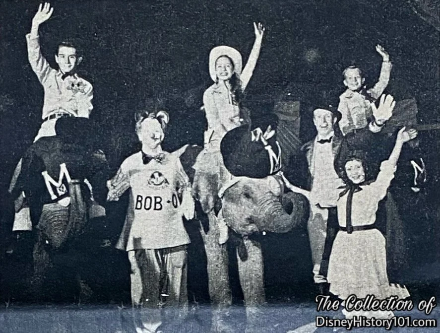 The Mouseketeers, Bob-O, and Baby Elephants in this "Disneyland 1st Anniversary Souvenir Pictorial" Excerpt, published 1956.