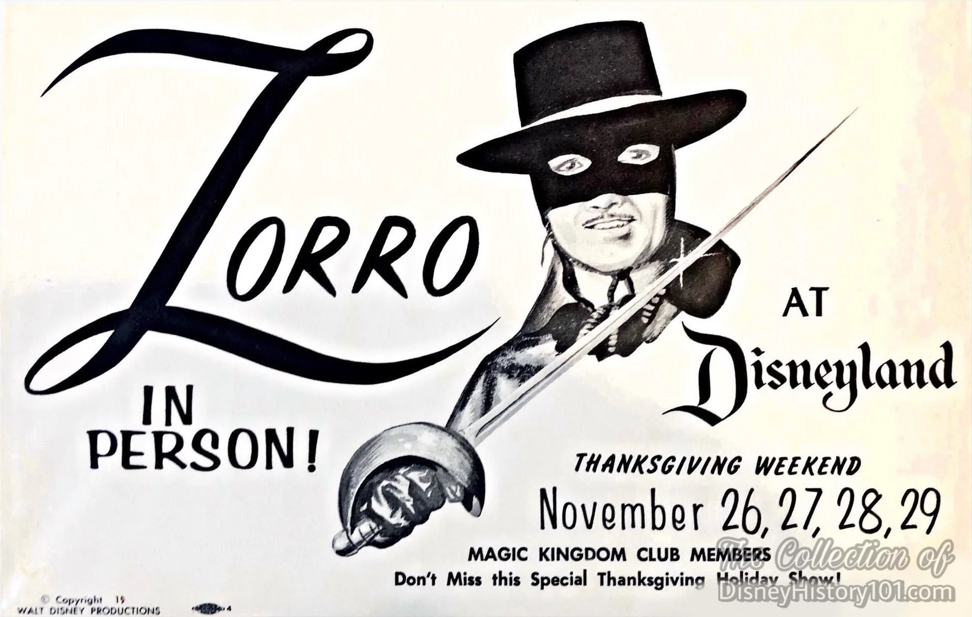 The “sign of Zorro,” advertising his 2nd appearance in-person, November 26-29, 1959.