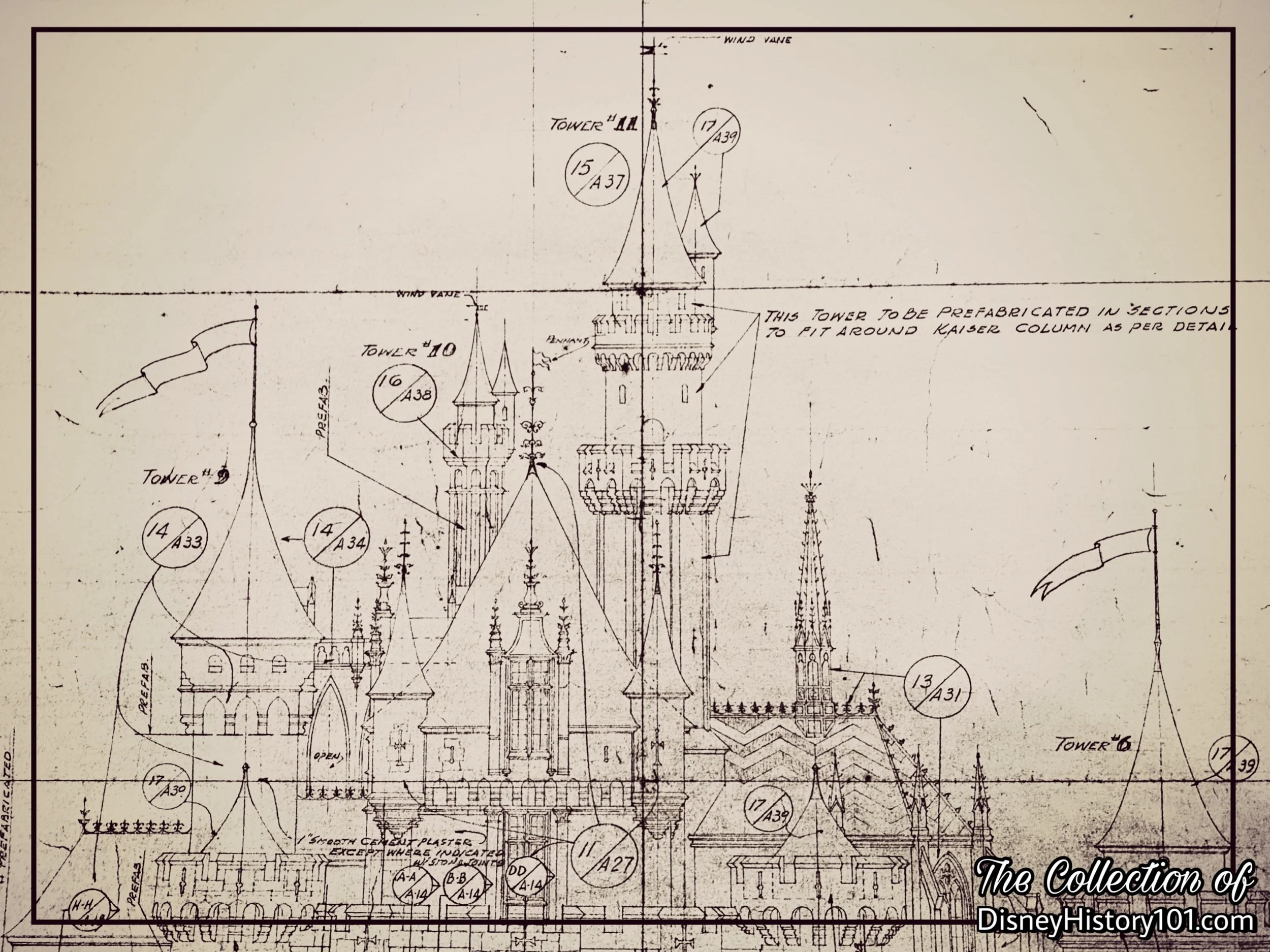 An excerpt of the “Fantasy Land” Castle South Elevation Working Construction Drawing “theatre concept” at 1/4 Scale by Disneyland Inc., produced around February 12, 1955.