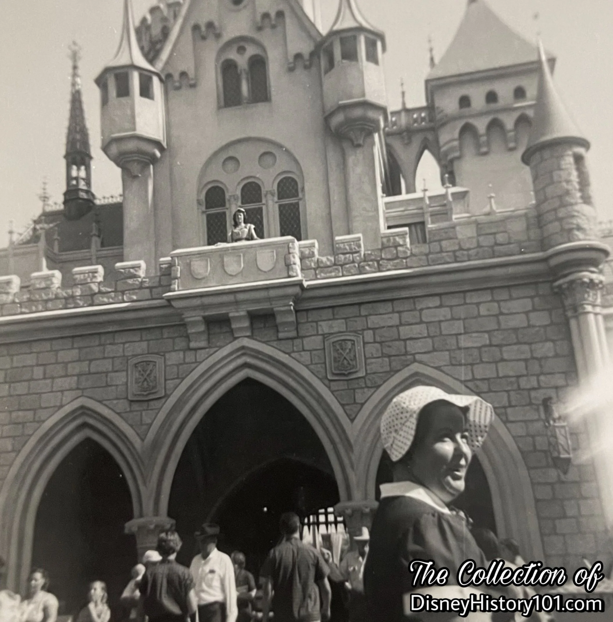 One of the “castle girls” high atop Sleeping Beauty Castle, (July, 1957)