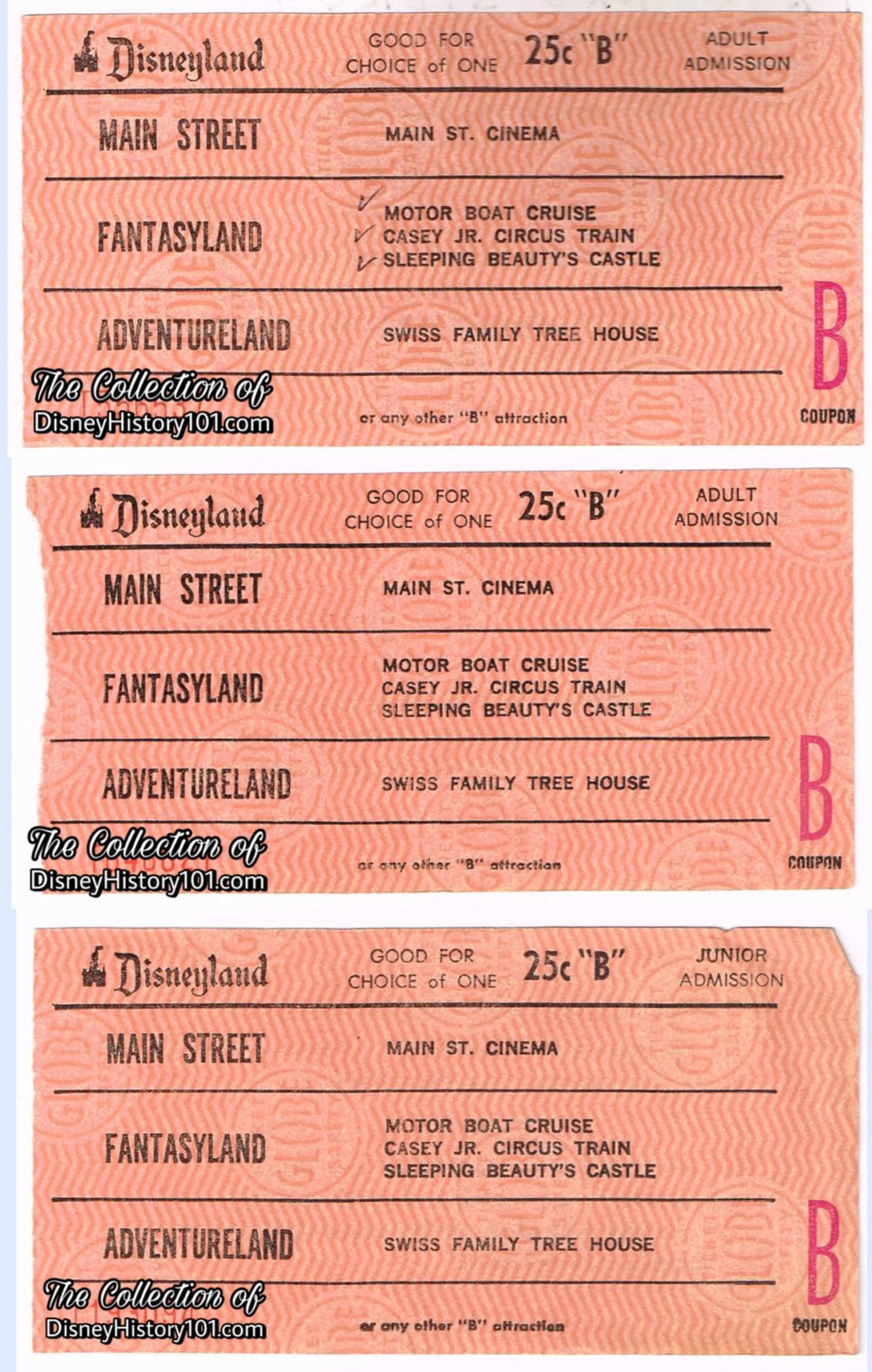 Disneyland Jumbo "B" Adult Attraction Coupon (25 Cent Value) ; Disneyland Jumbo "B" Junior Attraction Coupon (25 Cent Value) ; Disneyland Jumbo "B" Adult Attraction Coupon (25 Cent Value)