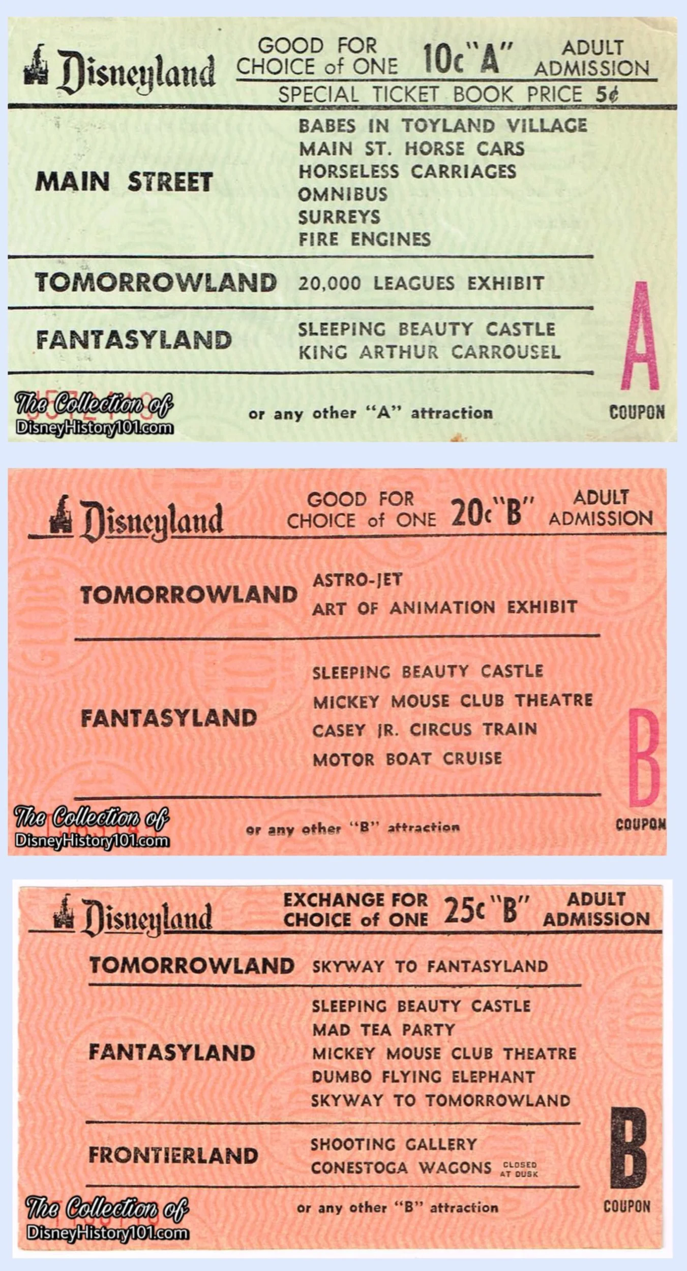   Disneyland "B" Adult Attraction (20 Cent Value), May of 1960 - August of 1964 ; Disneyland "A" Adult Attraction (10 Cent Value), December of 1961 - September of 1963 ; Disneyland Jumbo "B" Adult Attraction (25 Cent Value)  