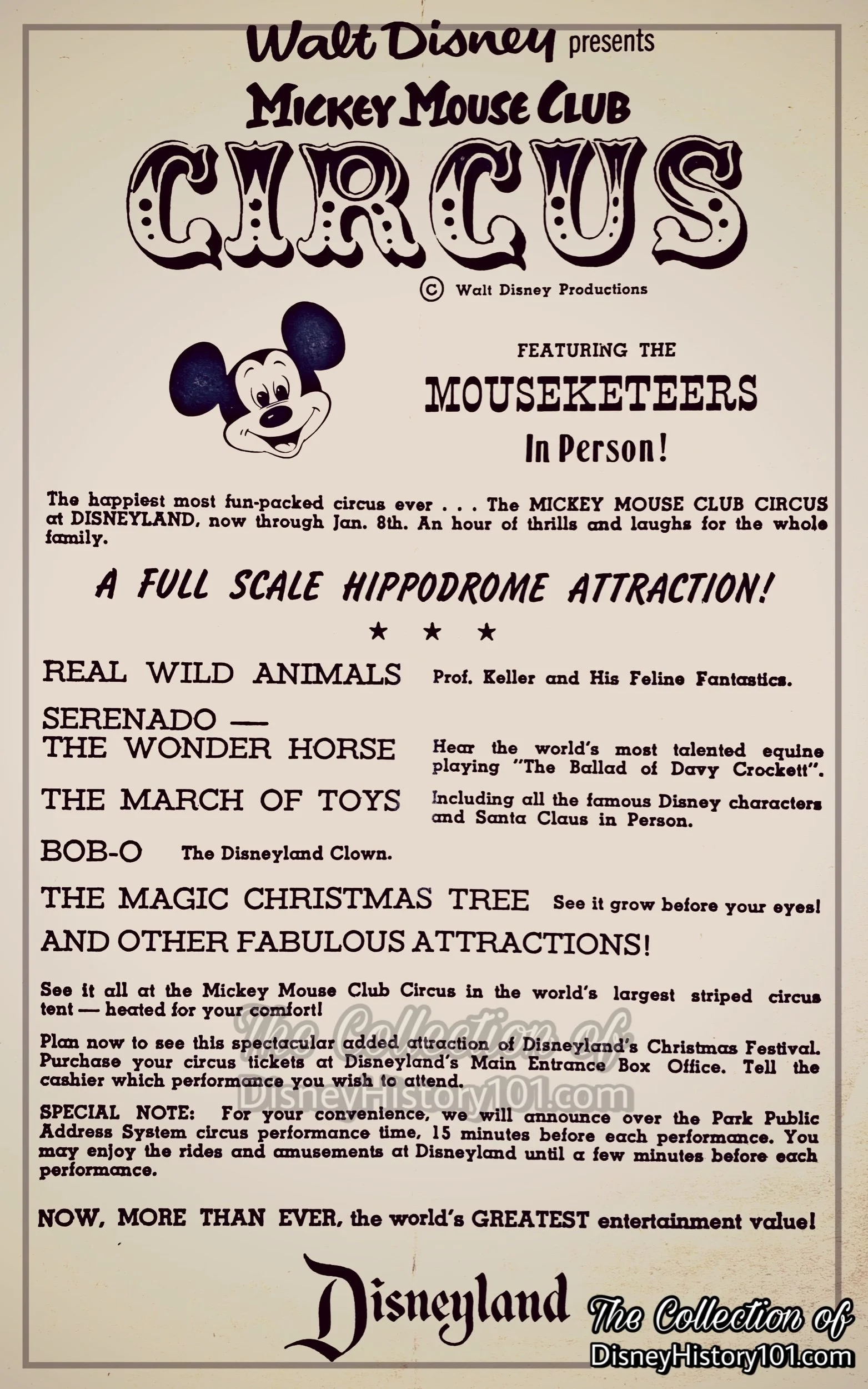  Many of these co-starred television’s Mouseketeers, for the first time in-person. In fact, the seventy-five minute show (led by Ringmaster Jimmie Dodd, songwriter and musician of The Mickey Mouse Club television series) had 12 headlining acts amongs