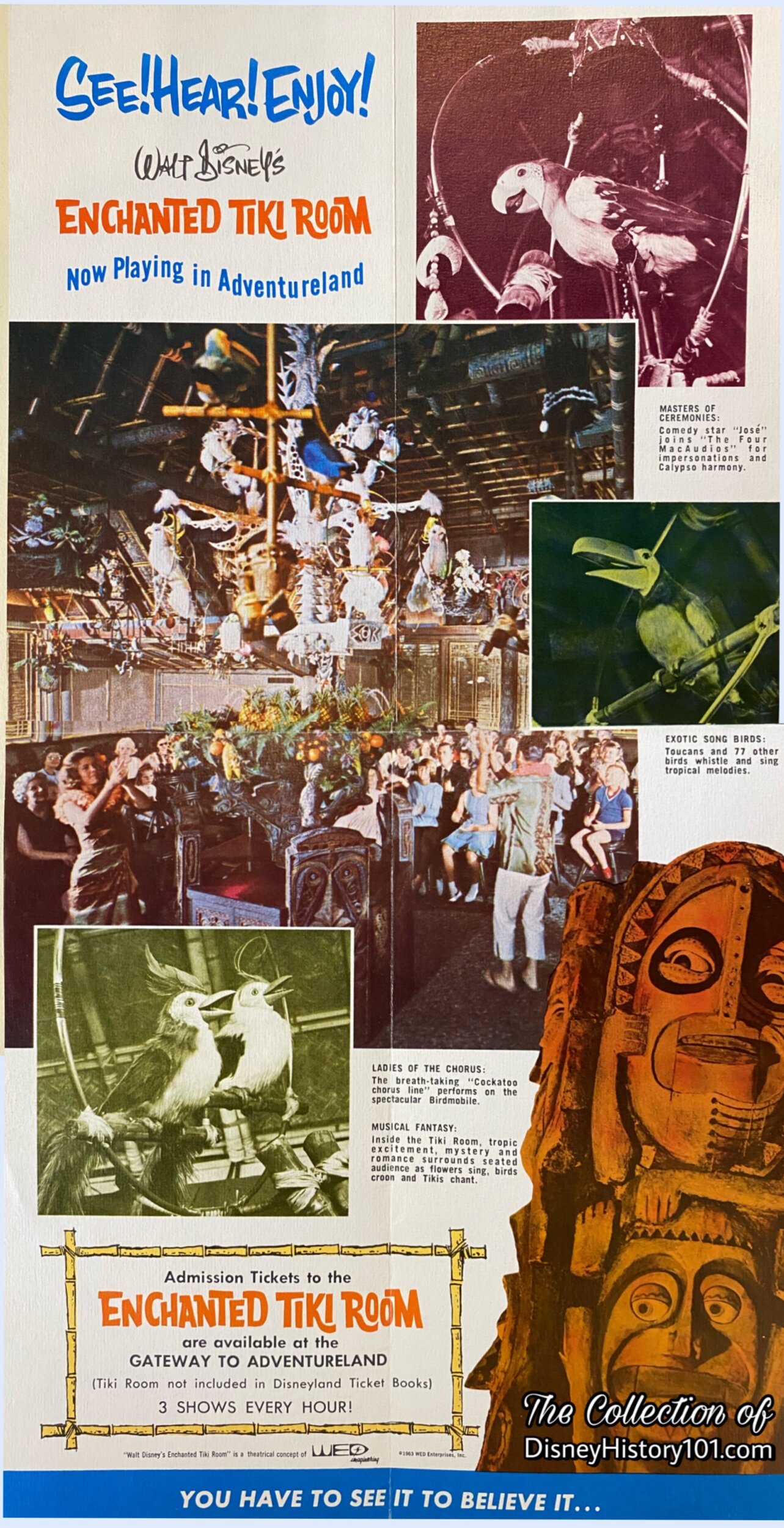 “Press Preview Day” A Press Preview event was held in June, and then (on June 23rd, 1960), Disneyland guests were beckoned toward the lanai of Walt Disney’s Enchanted Tiki Room by a barker bird perched over the “A-frame” attraction entrance