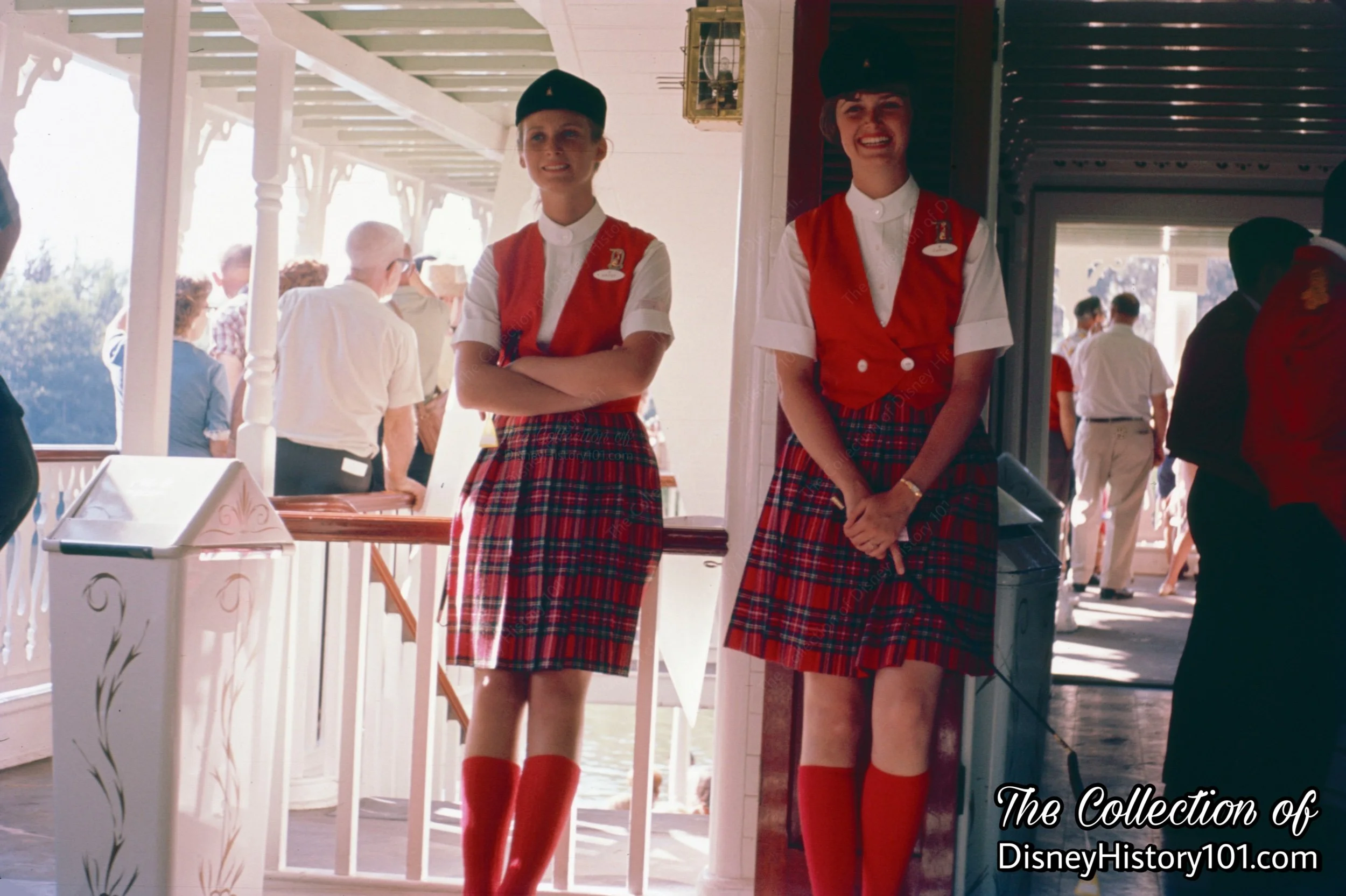 Disneyland Guided Tour Hostesses on the Mark Twain Promenade Deck, July of 1966.