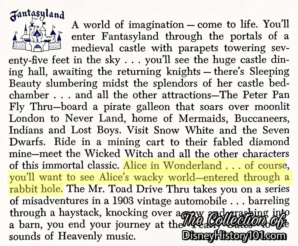 “A New Concept…” Brochure published 1955, advertises an Alice in Wonderland attraction opening mid-summer 1955.