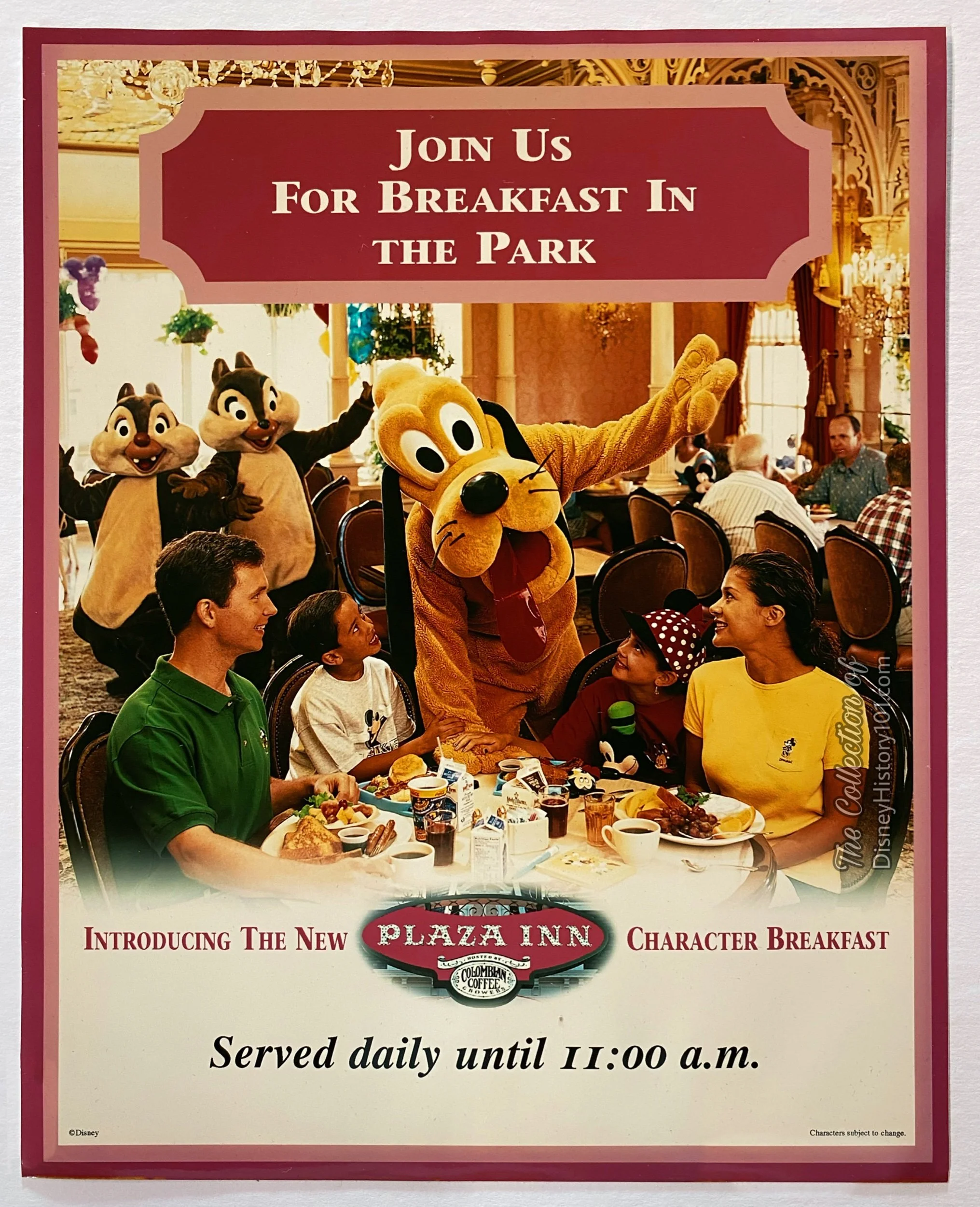  By 1986-1987, you may recollect that many locations served breakfast including Carnation Main Street, River Belle Terrace, The Blue Bayou, and Tomorrowland Terrace. However, only the Plaza Inn offered the opportunity to join your favorite  Disney Ch