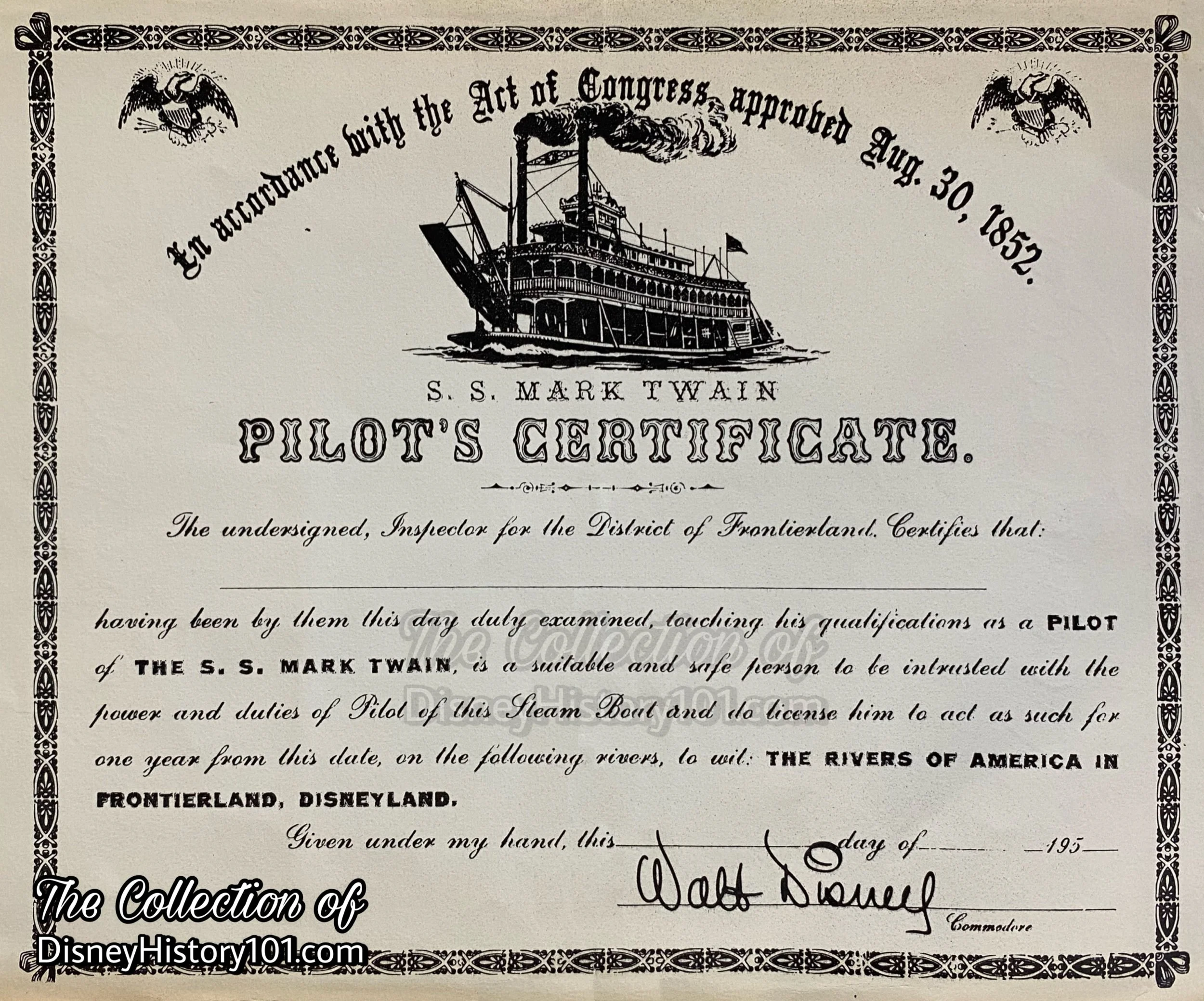 A c.1950s "S.S. Mark Twain Pilot's Certificate."