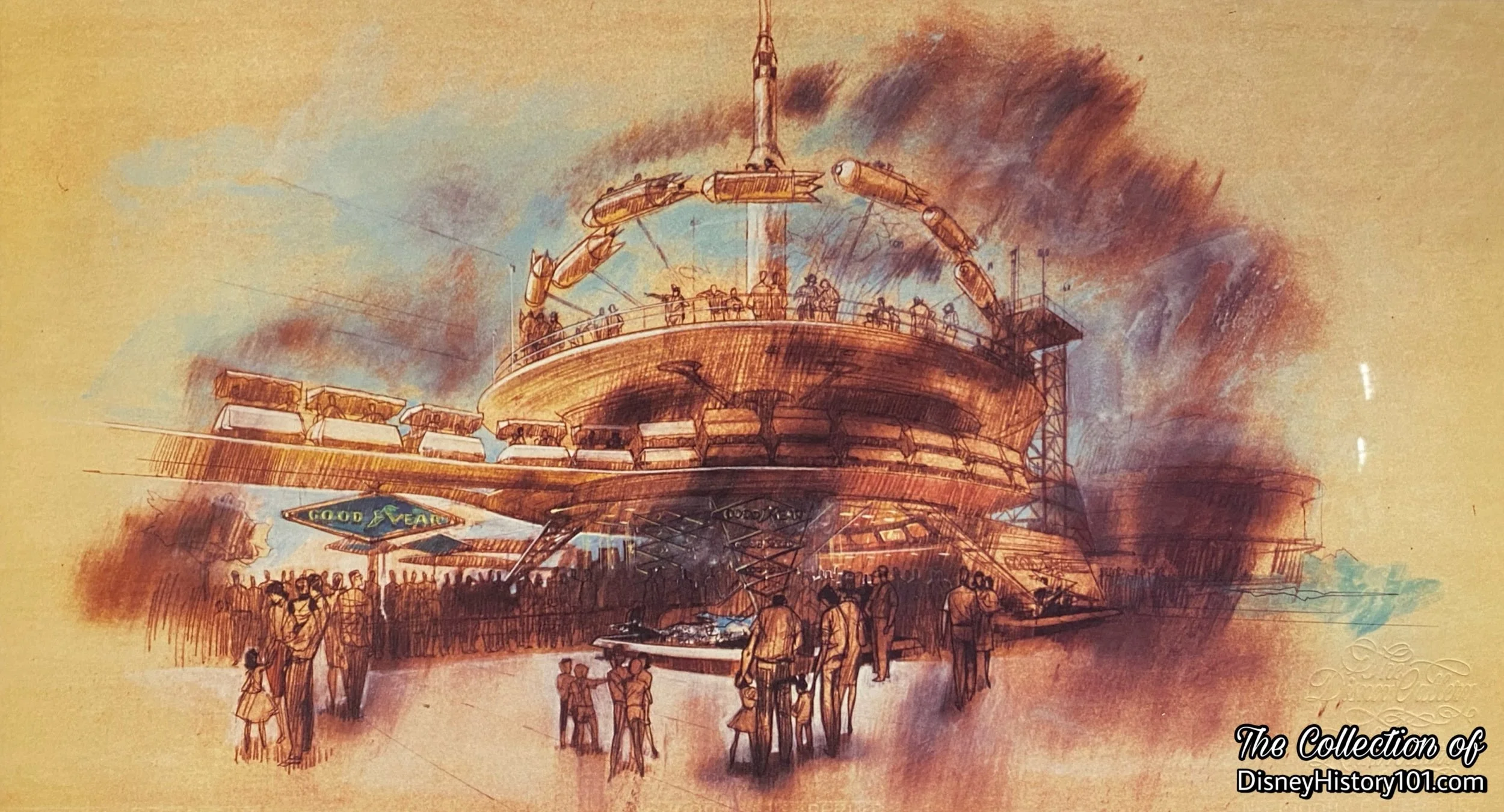 “Draw Concept” - This John Hench concept for the new Tomorrowland (released as a limited-edition print for the 10th anniversary of The Disney Gallery) suggested retaining the AstroJets ; ©Disney 