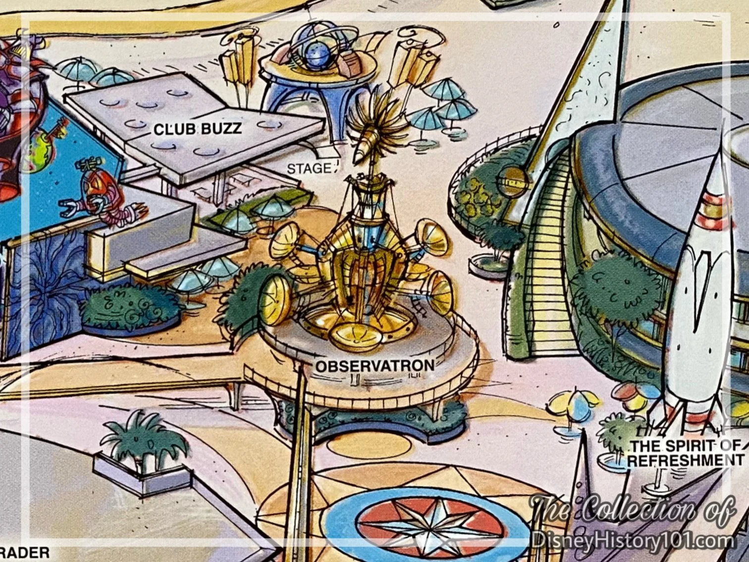 The Observatron depicted on the Disneyland 50th Anniversary Map by Nina Rae Vaughn.