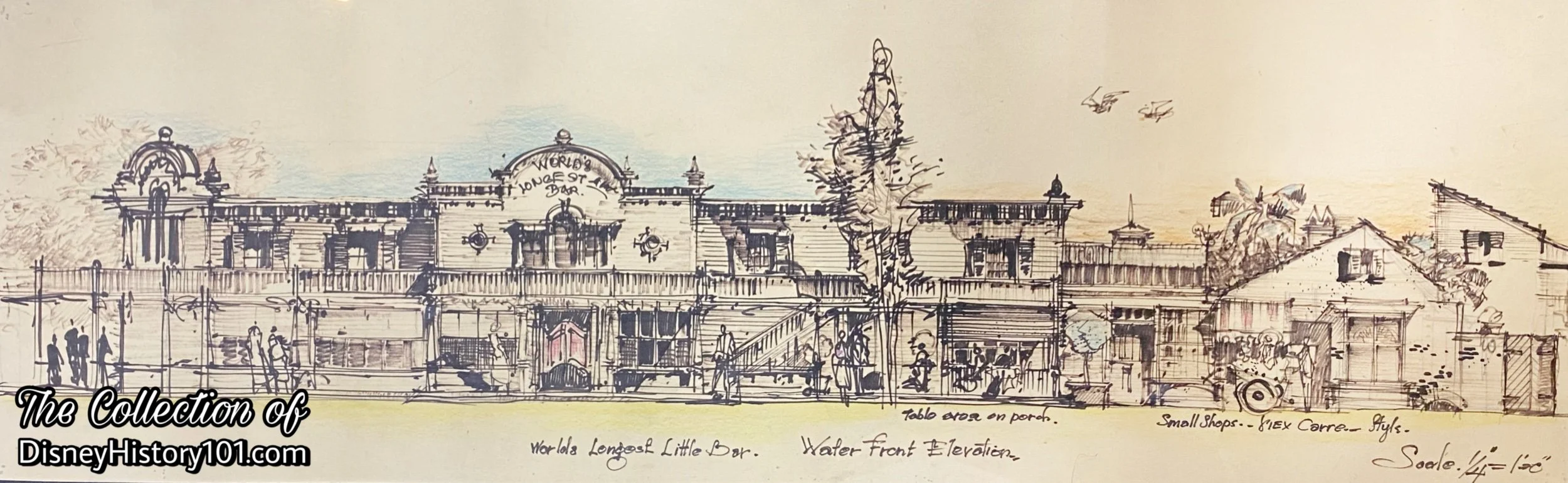 World's Longest Bar Water Front elevation drawing by Herb Ryman. Note the New Orleans Building (seen right).