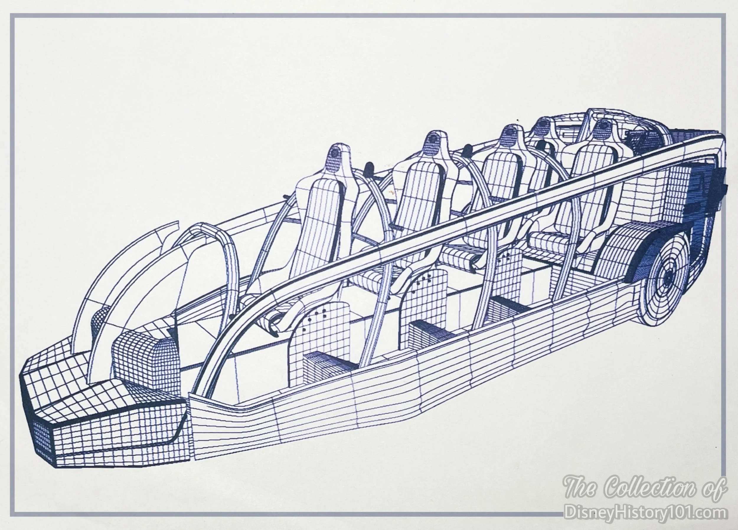  From 1999 to 2000, Walt Disney Imagineer John Stone designed and developed preshow area for Rocket Rods. This black light set incorporated the use of retired ride vehicles outlined in Ultraviolet colors, mirrors and electroLuminescent Vehicle bluepr