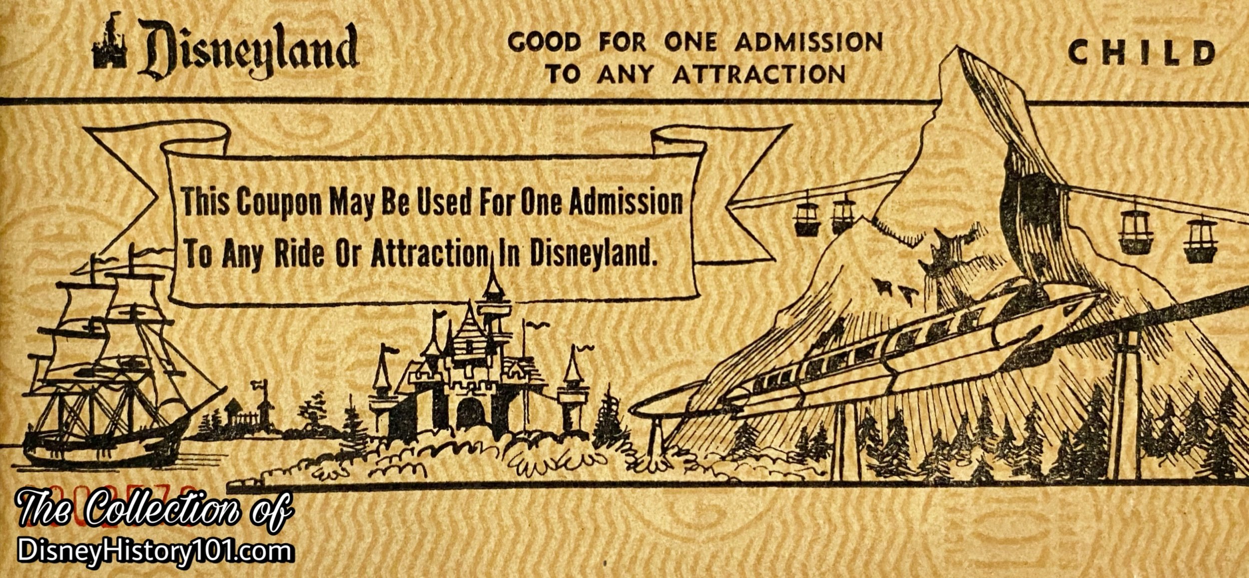 “Good for One Admission to Any Attraction” Media Coupon featuring the Monorail train.