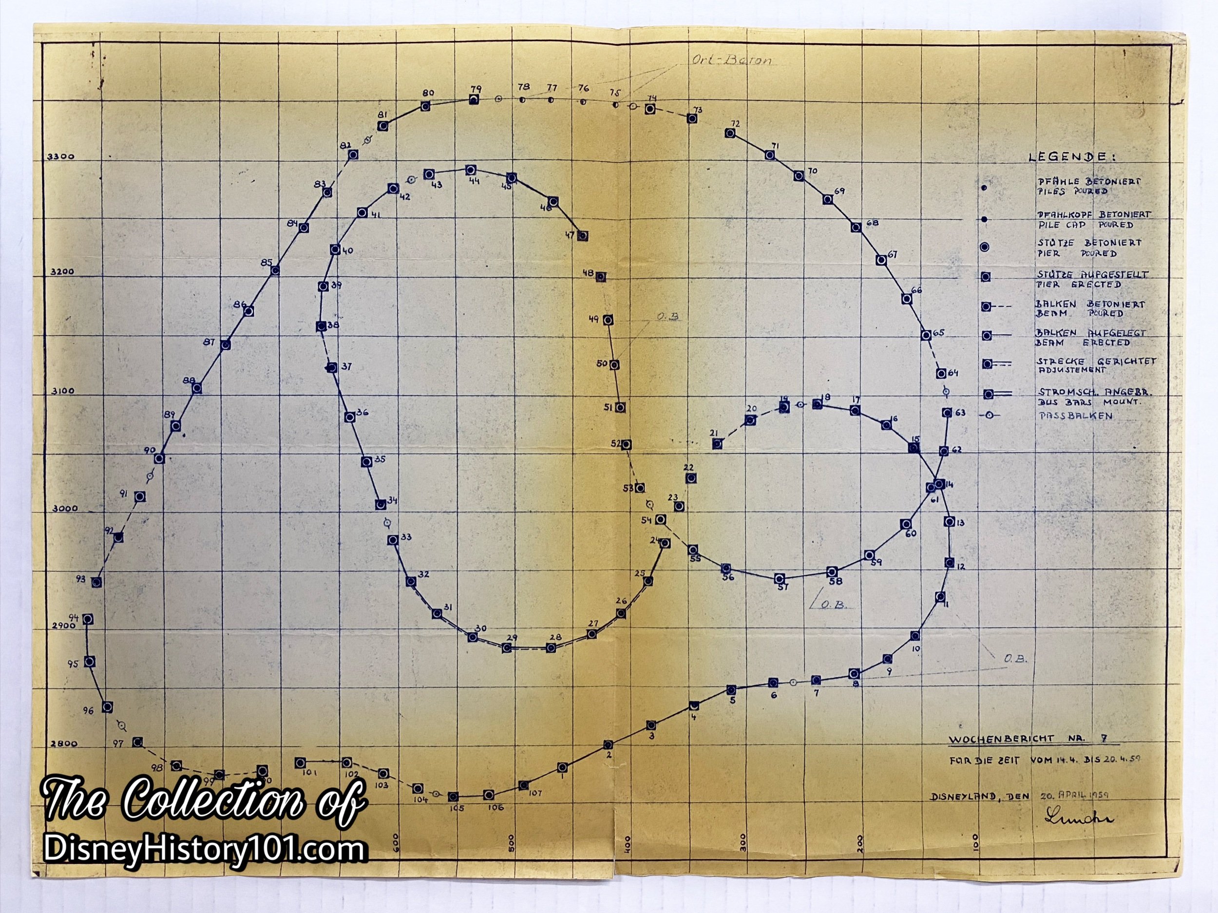 Both erected and poured Monorail Piles, Pile Caps, Piers, Beams, Bus Bar Mounts and distance adjustments detailed, April 20, 1959; received by Disneyland Construction Department, April 21, 1959.