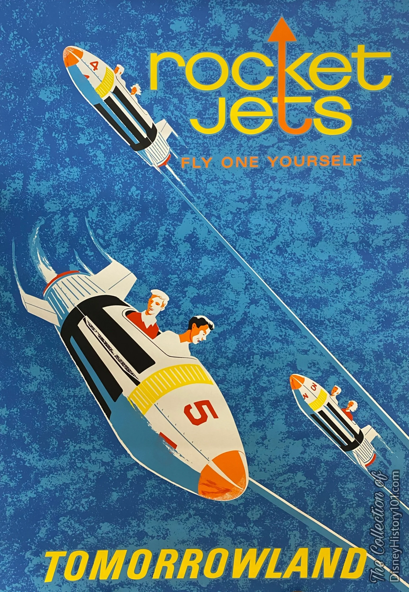 Inspired by Bjorn Aronson’s AstroJet poster is the Rocket Jets Attraction Poster by Ken Chapman, 1967; All art work, posters, etc. created by the Walt Disney Studios.