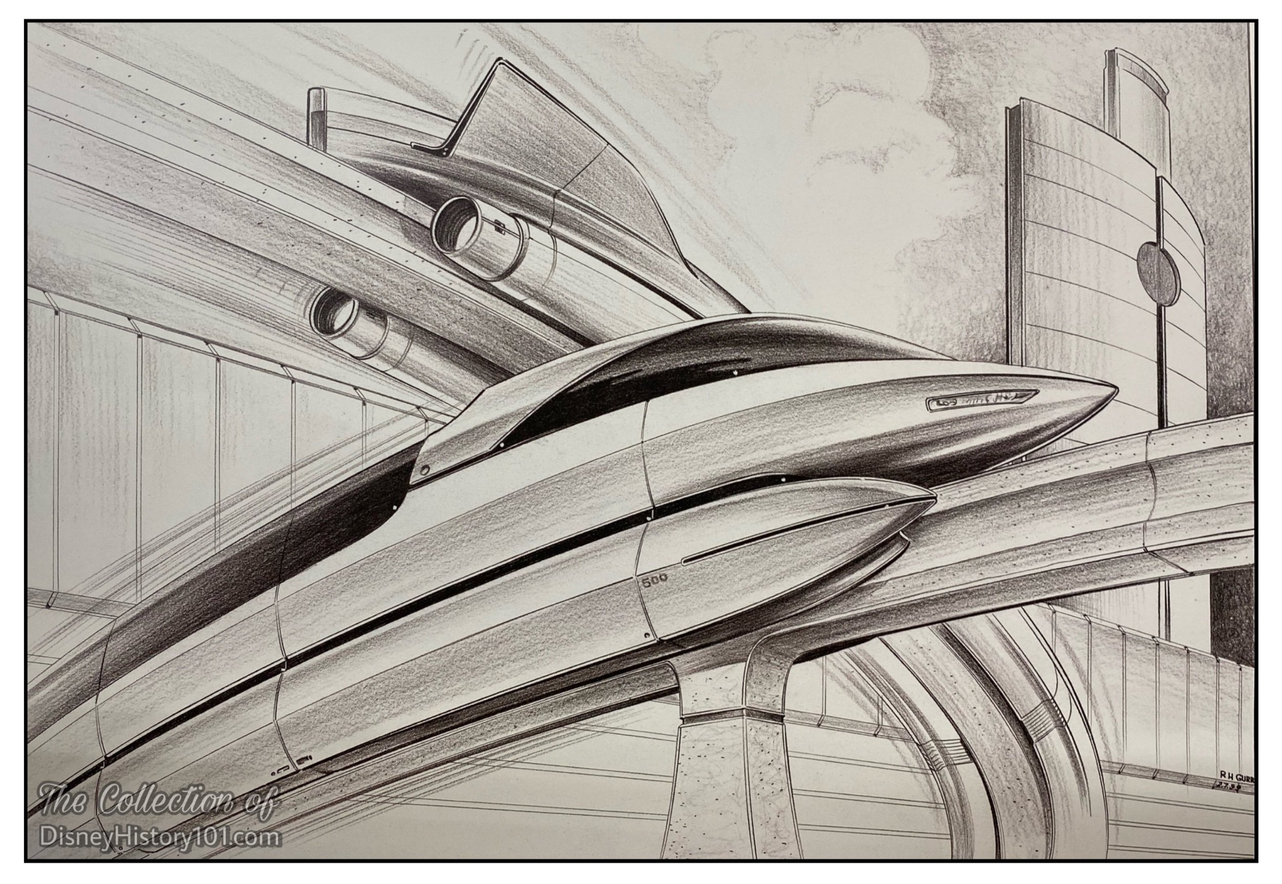 “Monorail of the Future” by Bob Gurr, pencil on paper; Produced for The Disney Gallery in 1999.