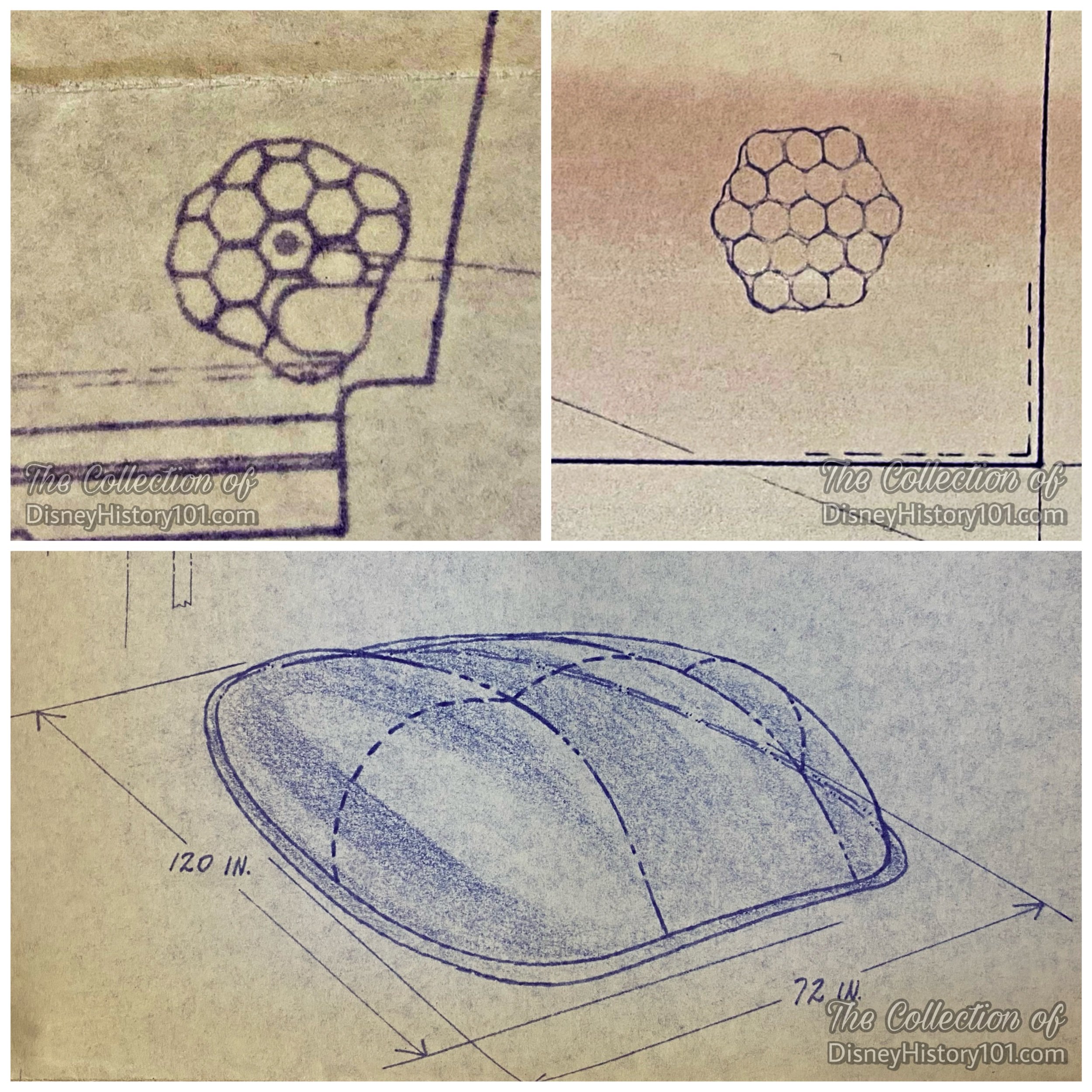 Mark III Monorail Drawing Excerpts produced c.1967-1968 - (clockwise from upper left) - two examples of the structural reinforcing "phenolic honeycomb," the Driver Bubble Canopy.