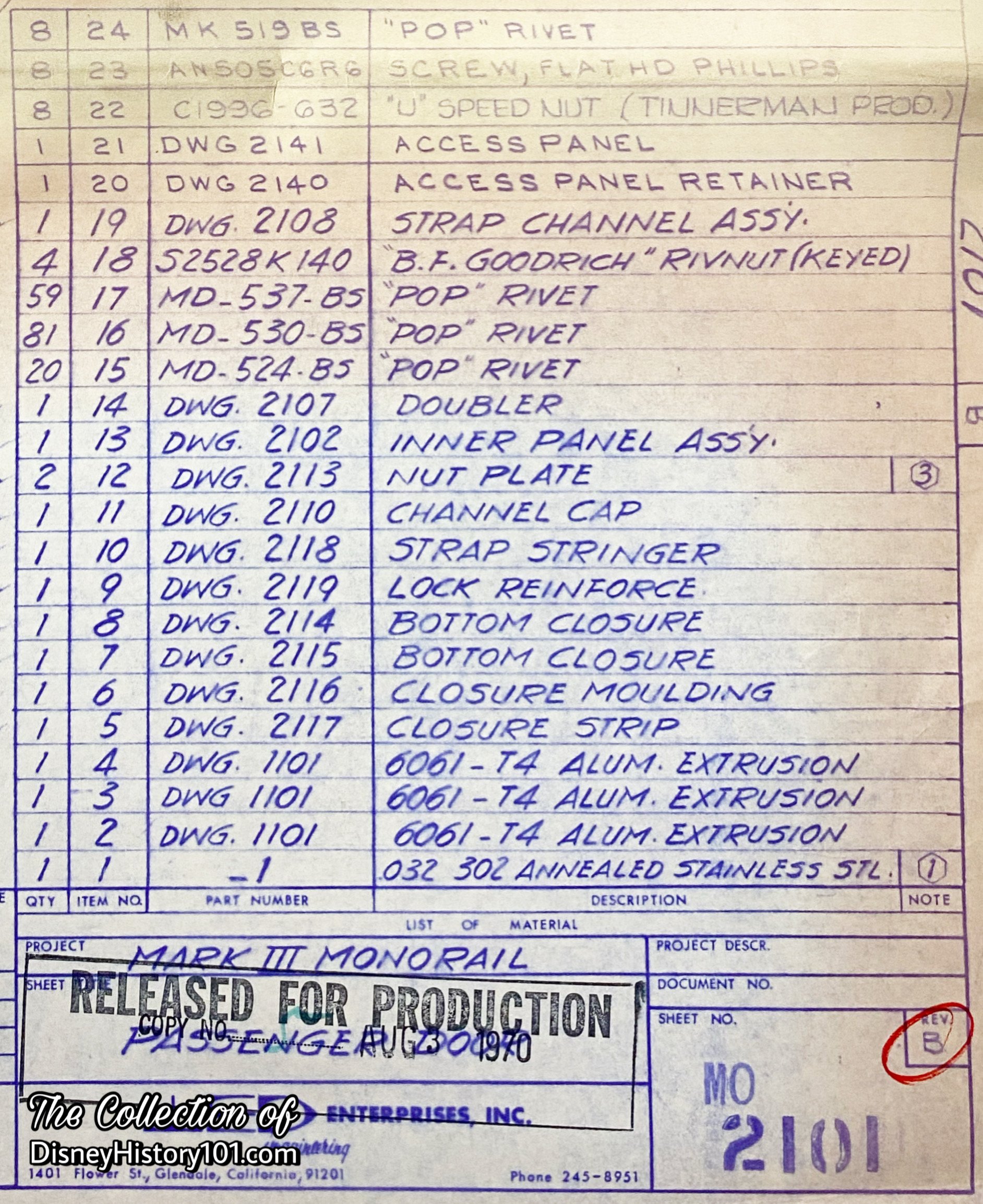 A Mark III Monorail Passenger Door title block (bottom) and schedule (top).