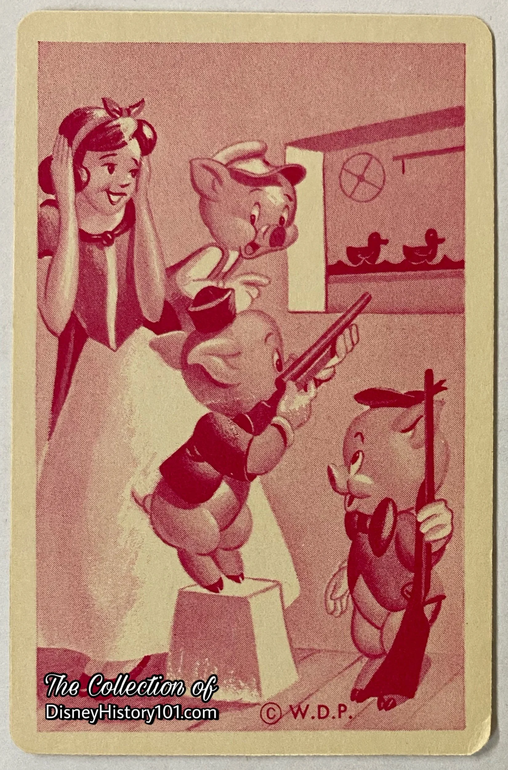 Snow White shields her ears from the sound of the guns on a collectable card contained within the Disneyland Fun Box by Whitman, c.1955.