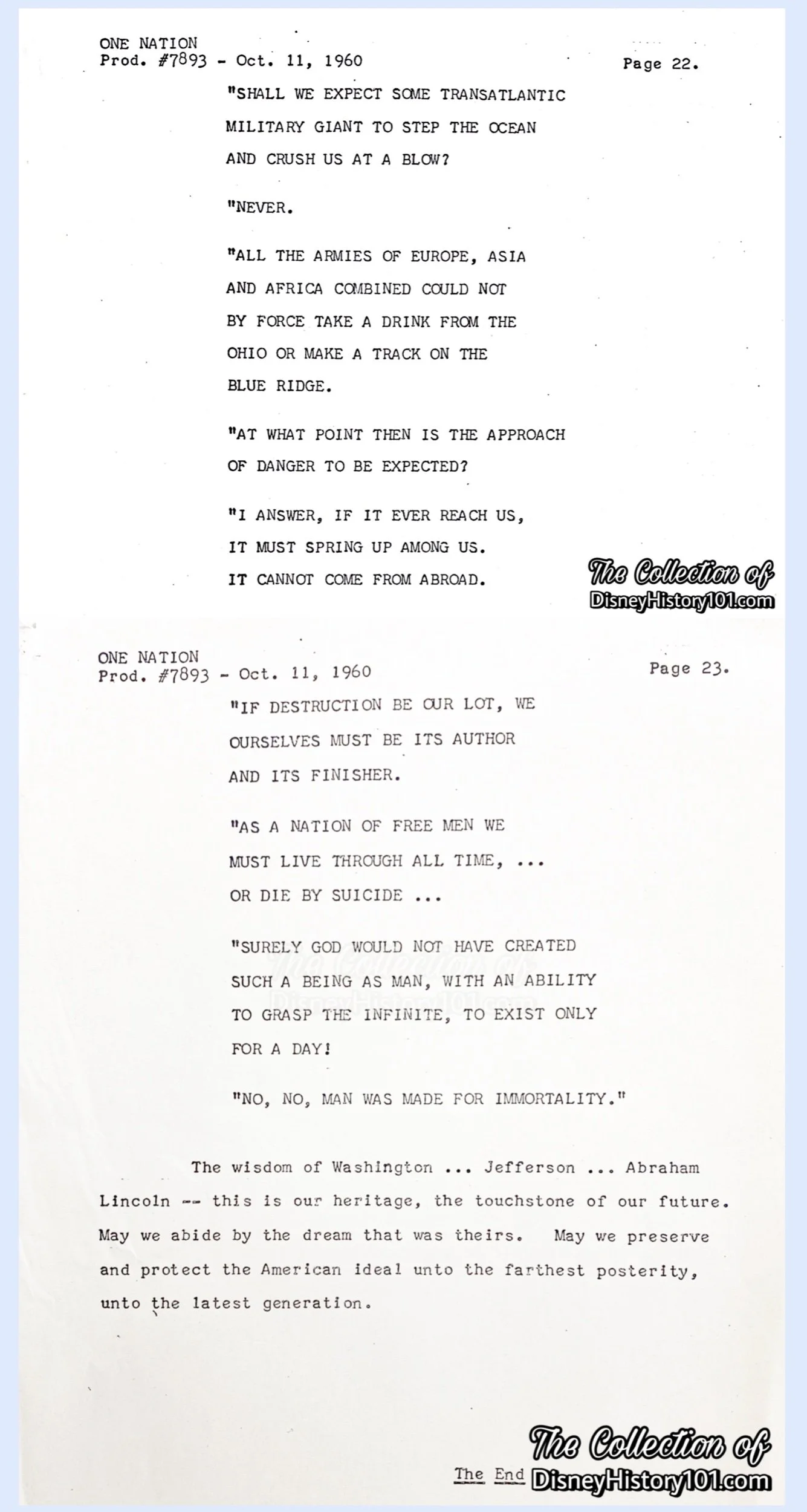 “One Nation” script excerpts prepared by October of 1960 ended up in parts of the Great Moments with Mr. Lincoln show.