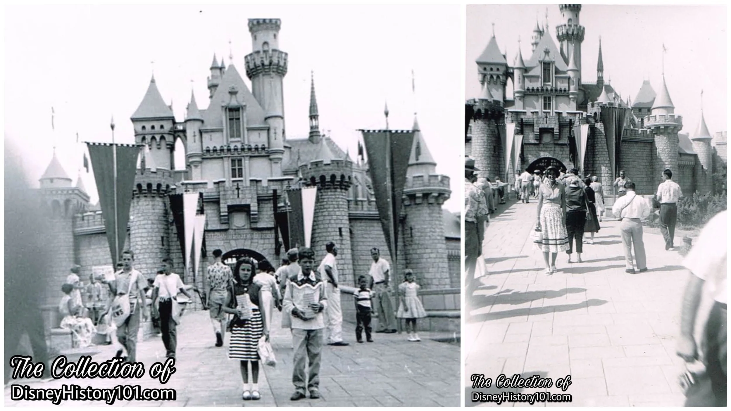 Disneyland Newsboys and Young Guests with Popcorn near Sleeping Beauty Castle, (August 4th, 1955); Sleeping Beauty Castle, (August, 1955)