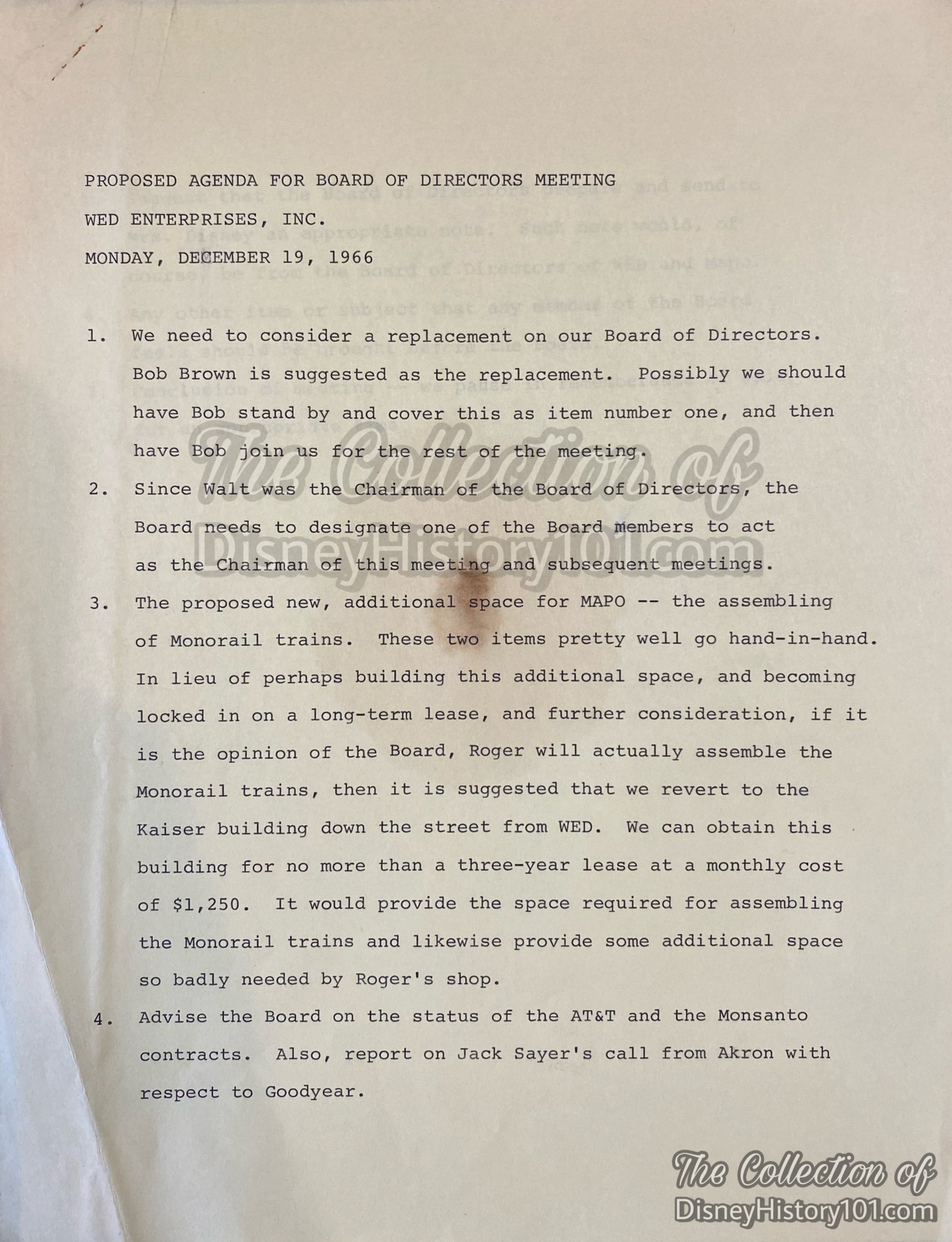 WED Enterprises, Inc. Board of Directors Meeting Proposed Agenda, December 19, 1966 (four days after Walt’s passing).