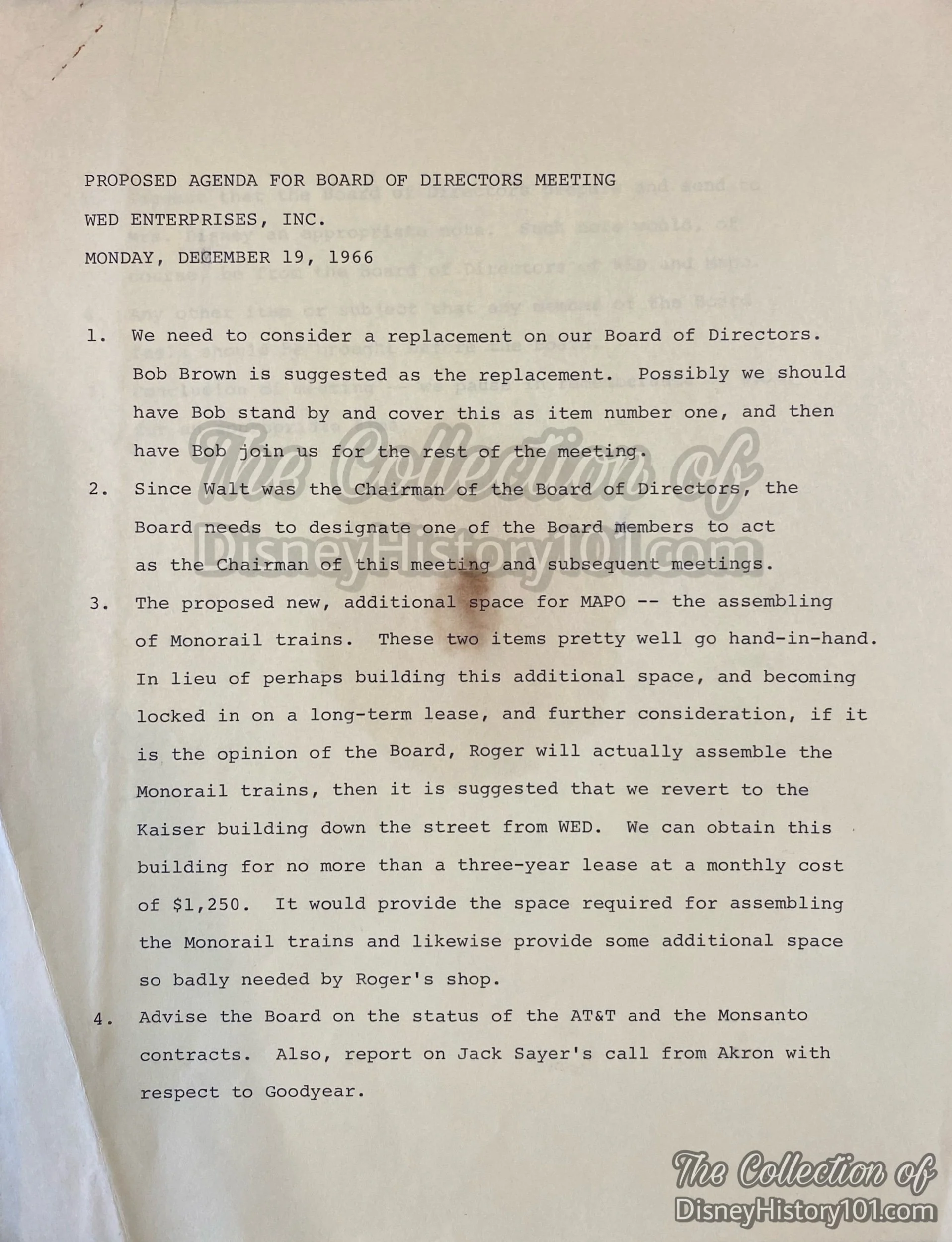 WED Enterprises, Inc. Board of Directors Meeting Proposed Agenda, December 19, 1966.