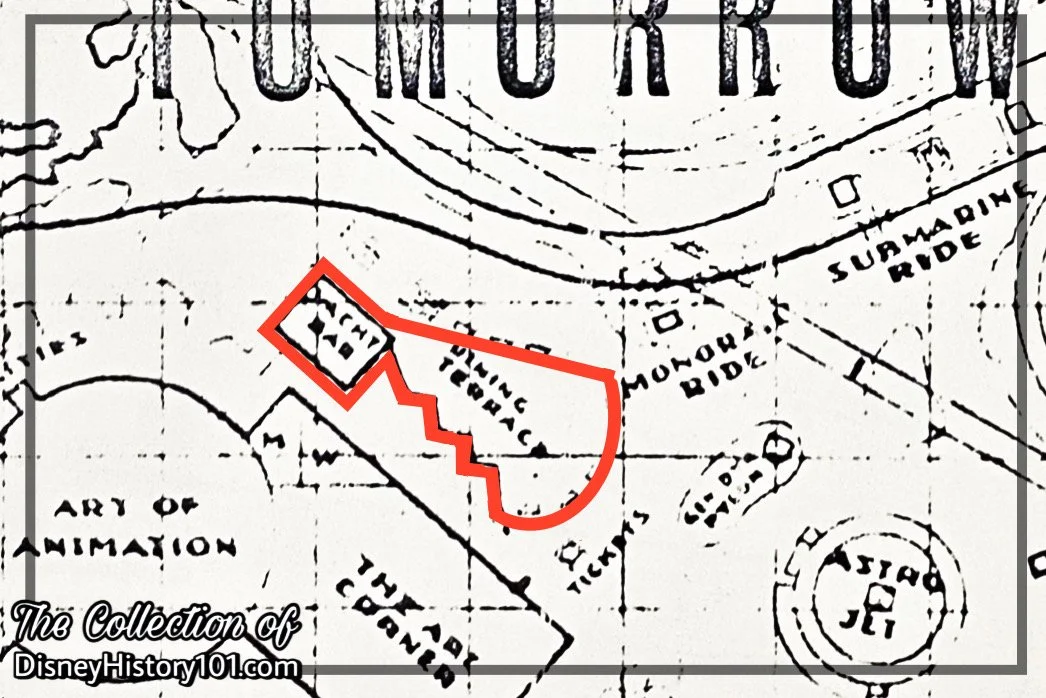 Yacht Bar & Dining Terrace in the original Tomorrowland, as depicted on an employee map, c.1966.