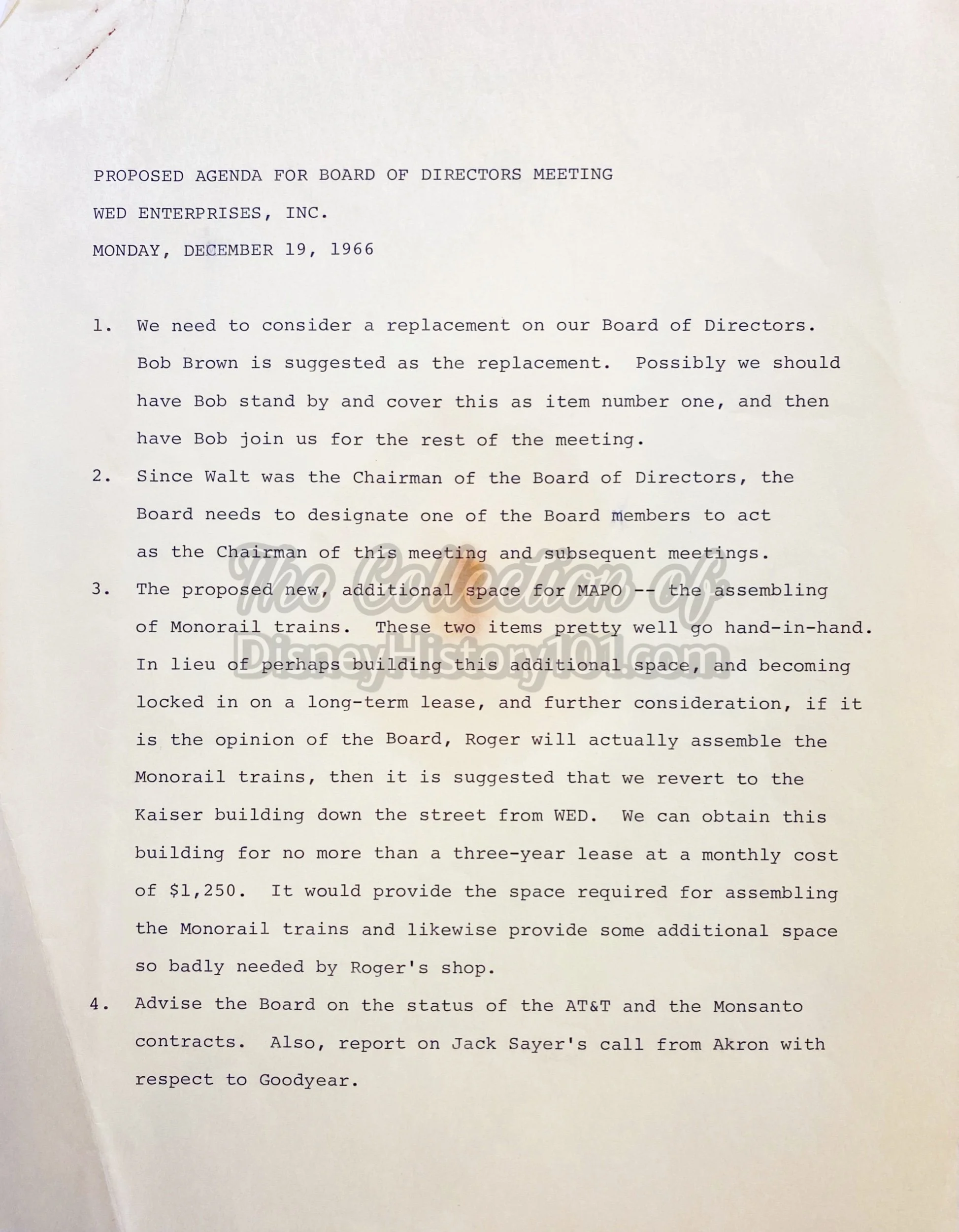 WED Enterprises, Inc. Board of Directors Meeting Proposal, December 19, 1966.
