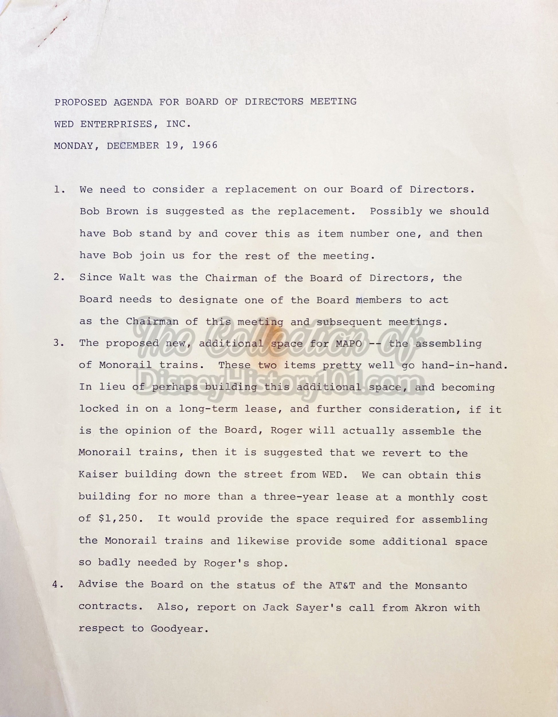 A WED Enterprises meeting held four days after Walt’s passing would address the Monsanto contract.