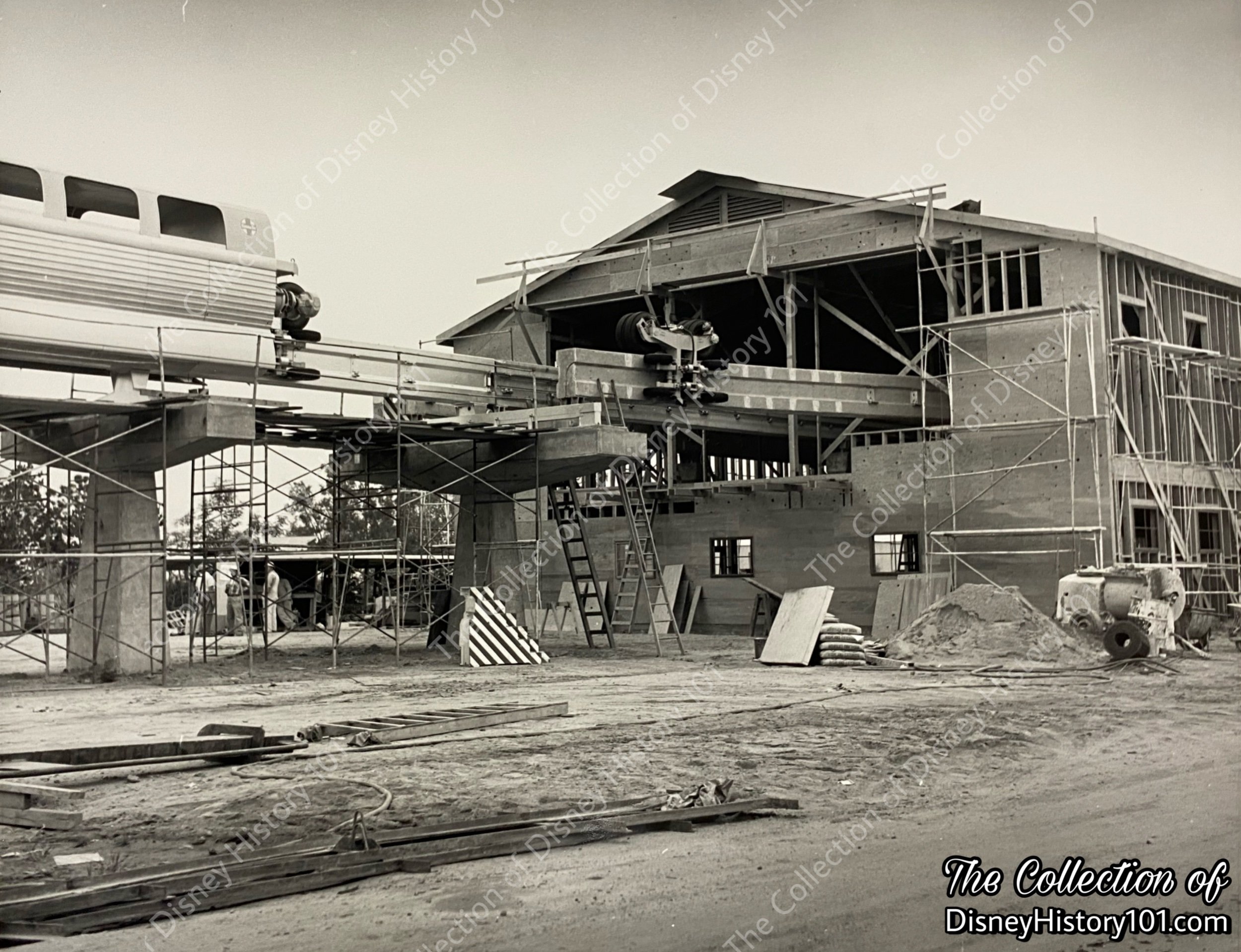 Monorail Roundhouse Construction is depicted in at least one press release photograph; ©️Walt Disney Productions.