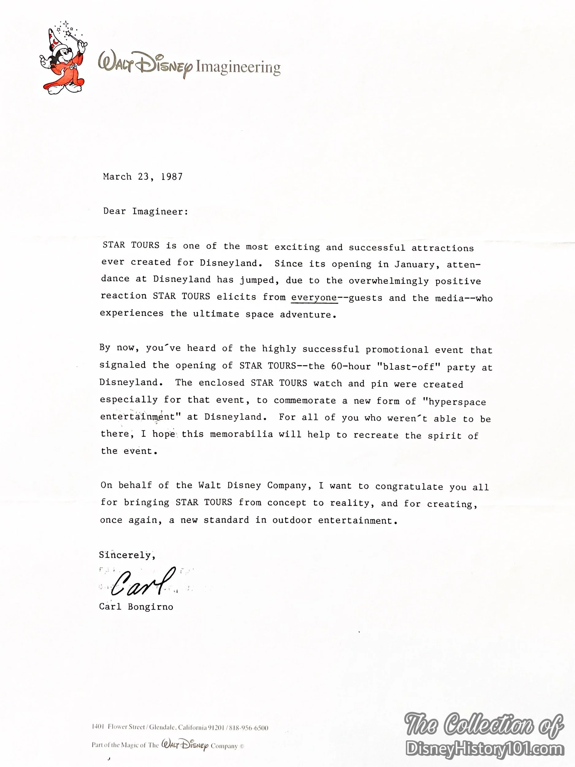 A special letter issued to Walt Disney Imagineers congratulated and thanked them for making Star Tours a reality. 