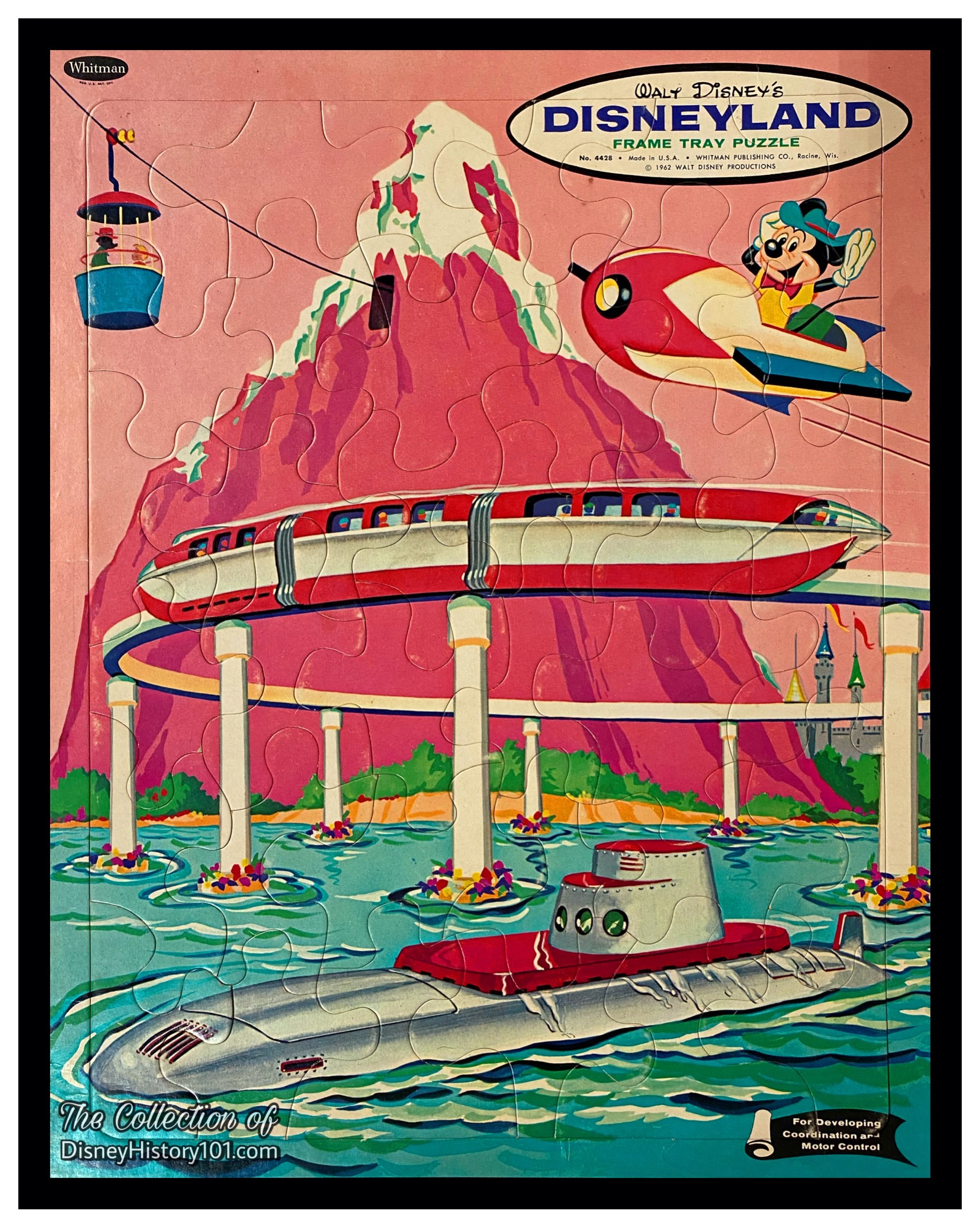 The three-car Monorail train is depicted on a frame tray puzzle by the Whitman Publishing, Co.