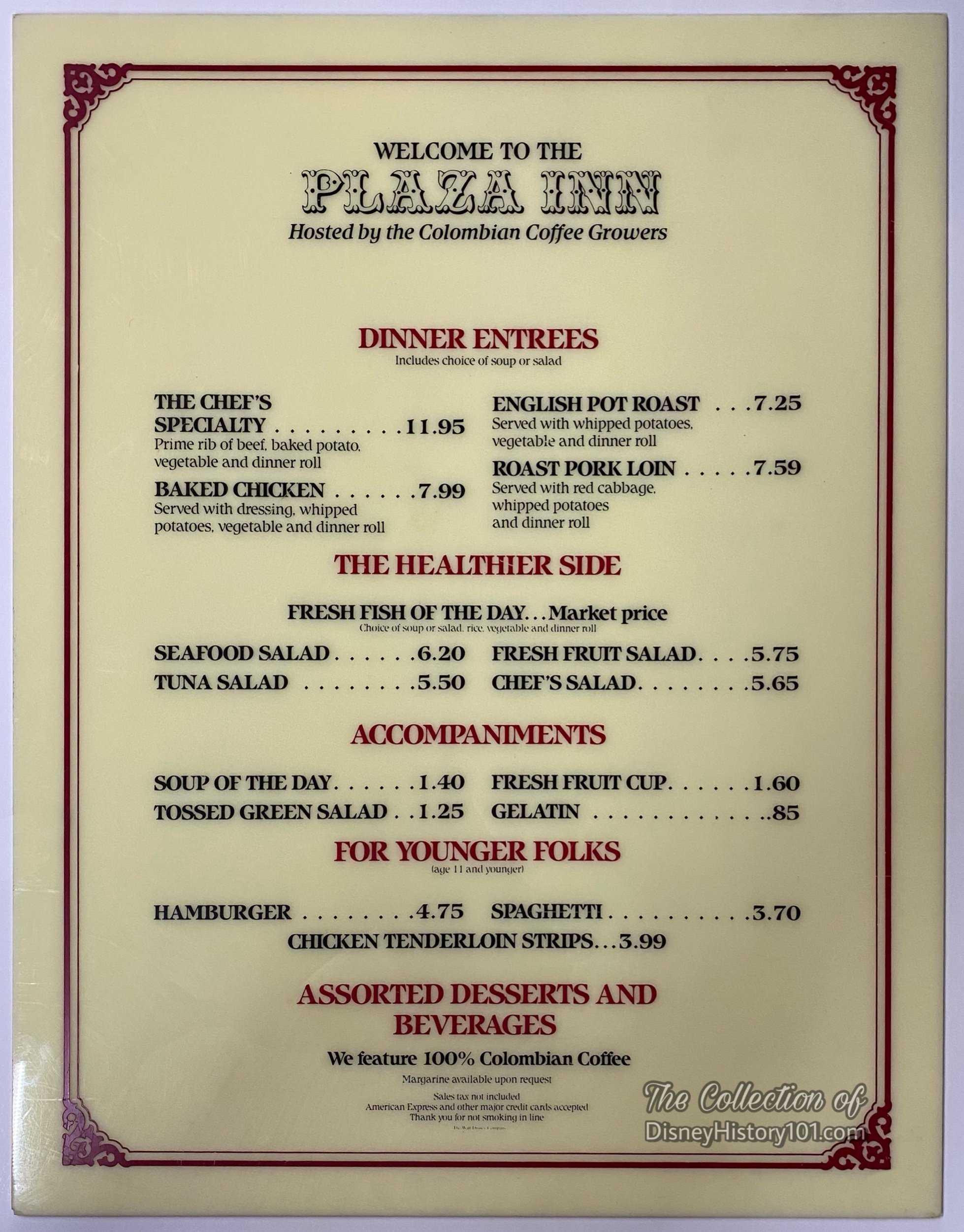 A vintage Plaza Inn Dinner Menu presented by Columbian Coffee Growers.
