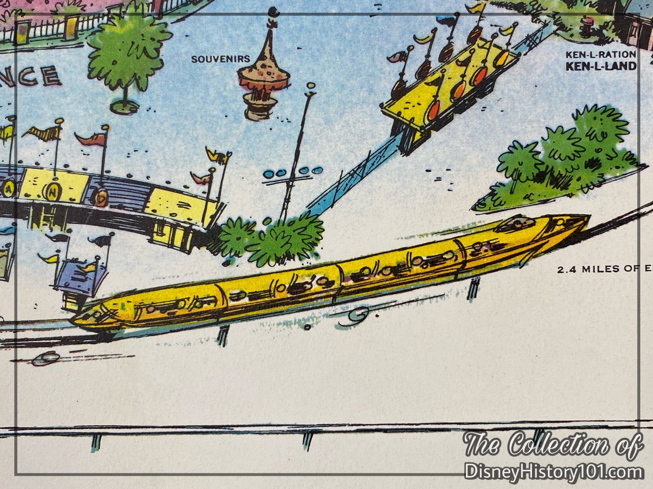 A 1961 Disneyland Map excerpt depicting the Monorail Mark II Yellow.