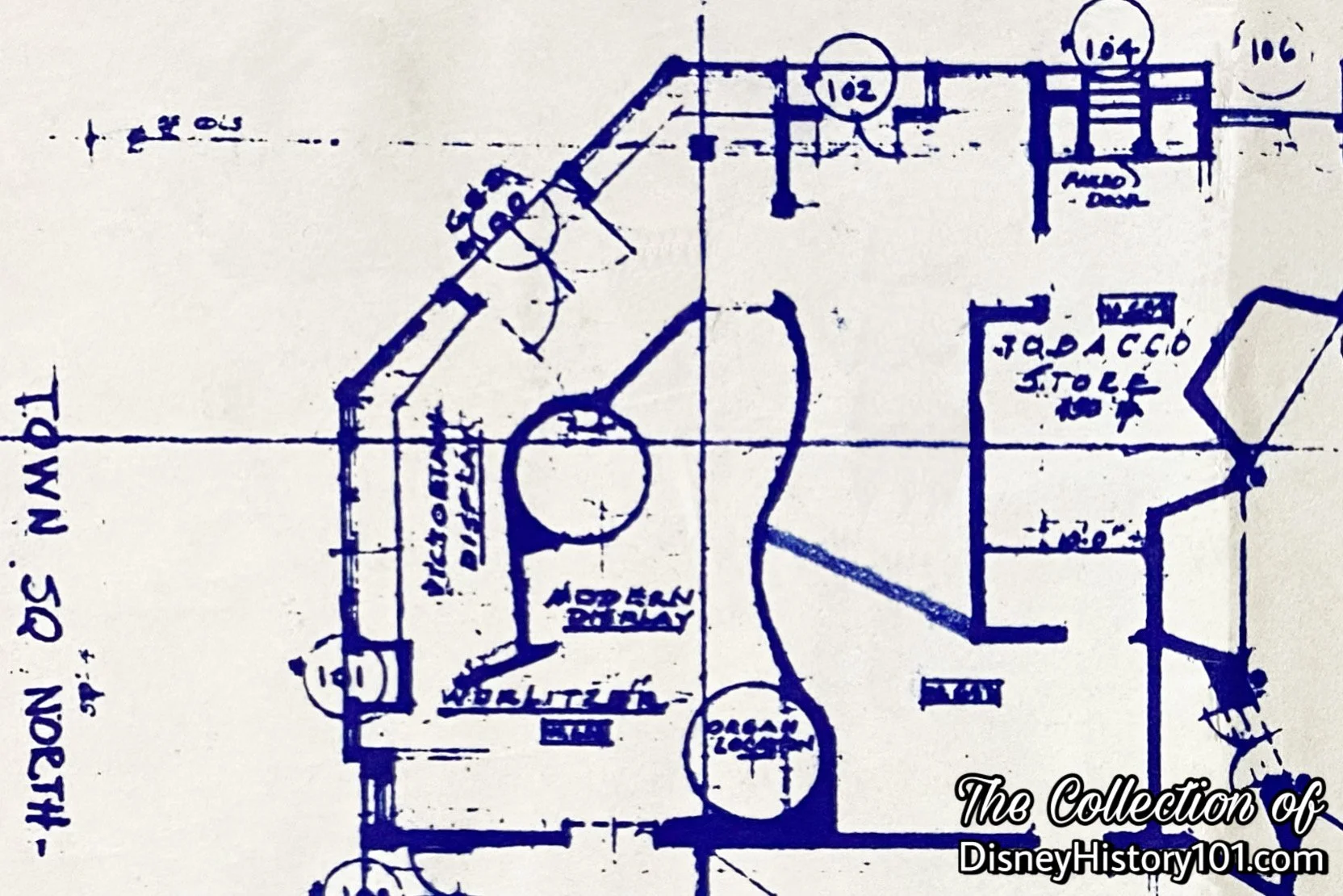 Note the Tobacco Store in the “Plan for Units 300 to 400 & 500 to 600” designed by WED Enterprises, Inc., c.1955.