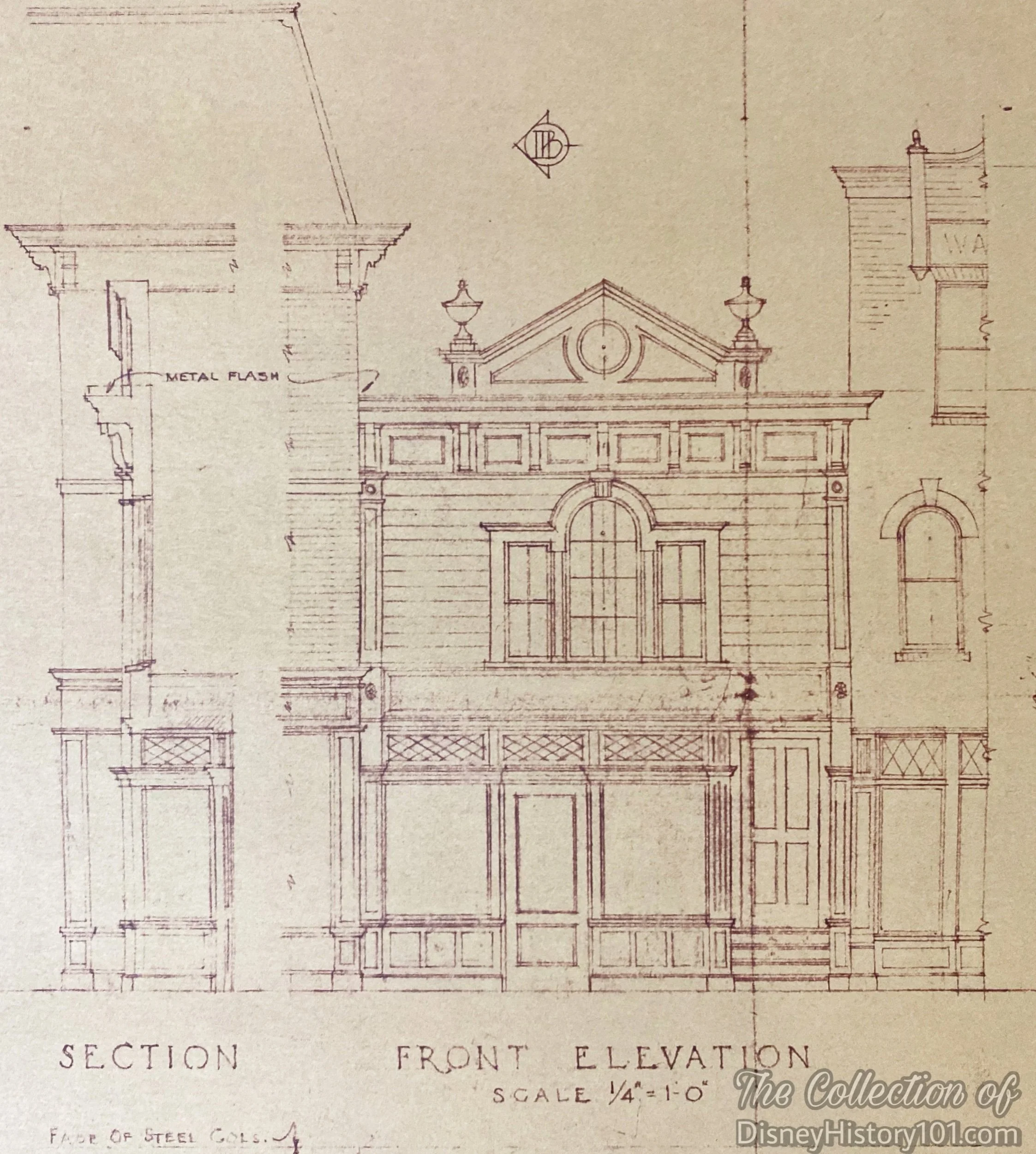 The Market House “Butcher Shop” Architectural Facade depicted on the “Main Street 600 Block Scale Plans & Elevations” drawn by “Frock,” checked by GMB, by February 19, 1955; Disneyland, Inc.