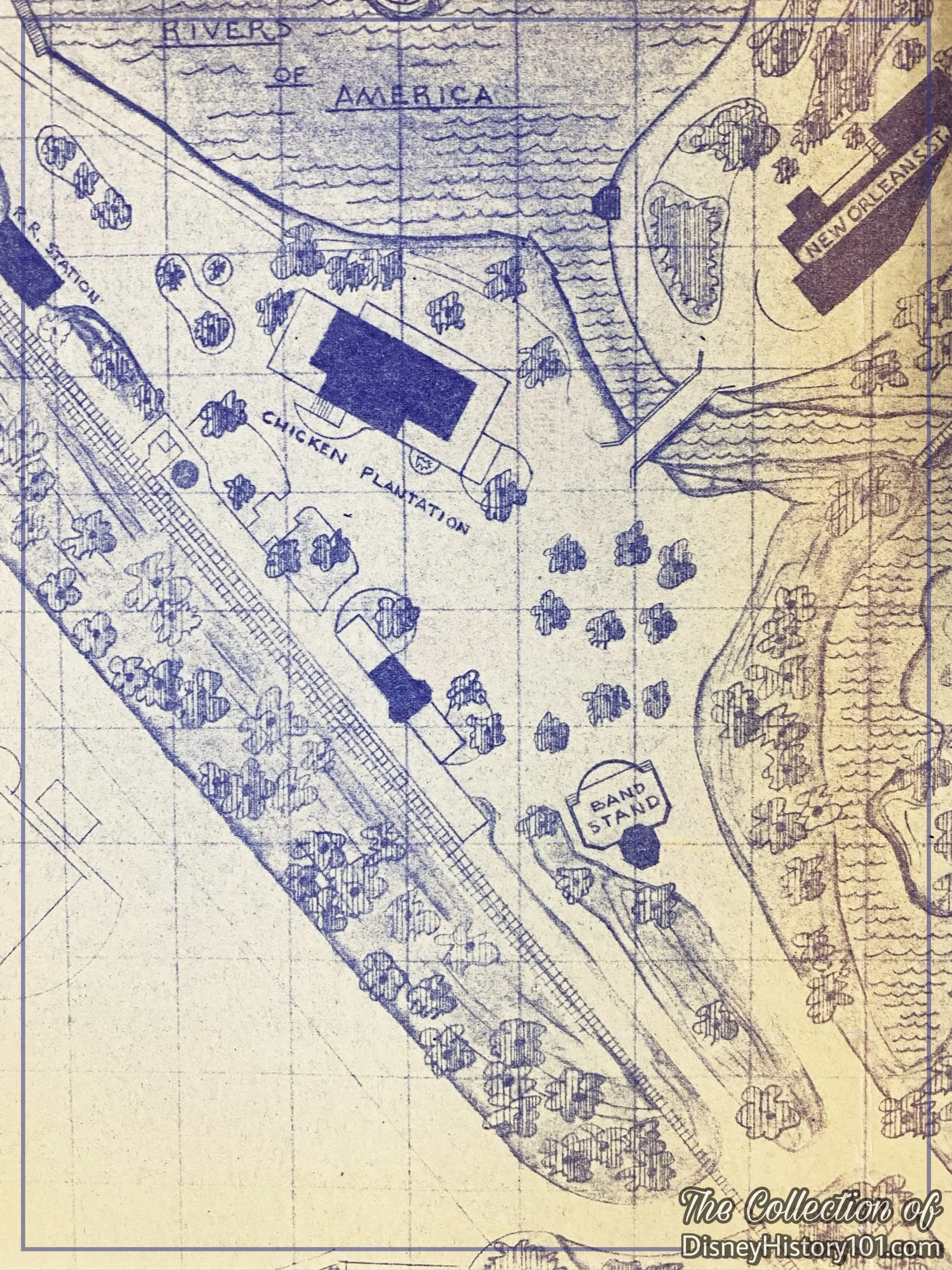 Note the “Band Stand” on this Plot Plan of Disneyland designed by WED Enterprises, Inc. for Disneyland Inc.; received by November 13, 1959; © Walt Disney Company.