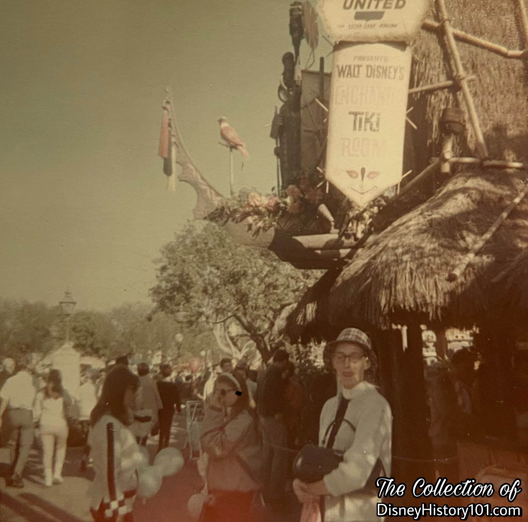 Juan the Barker Bird above the "A" Frame Entrance to Walt Disney's Enchanted Tiki Room, 1967.