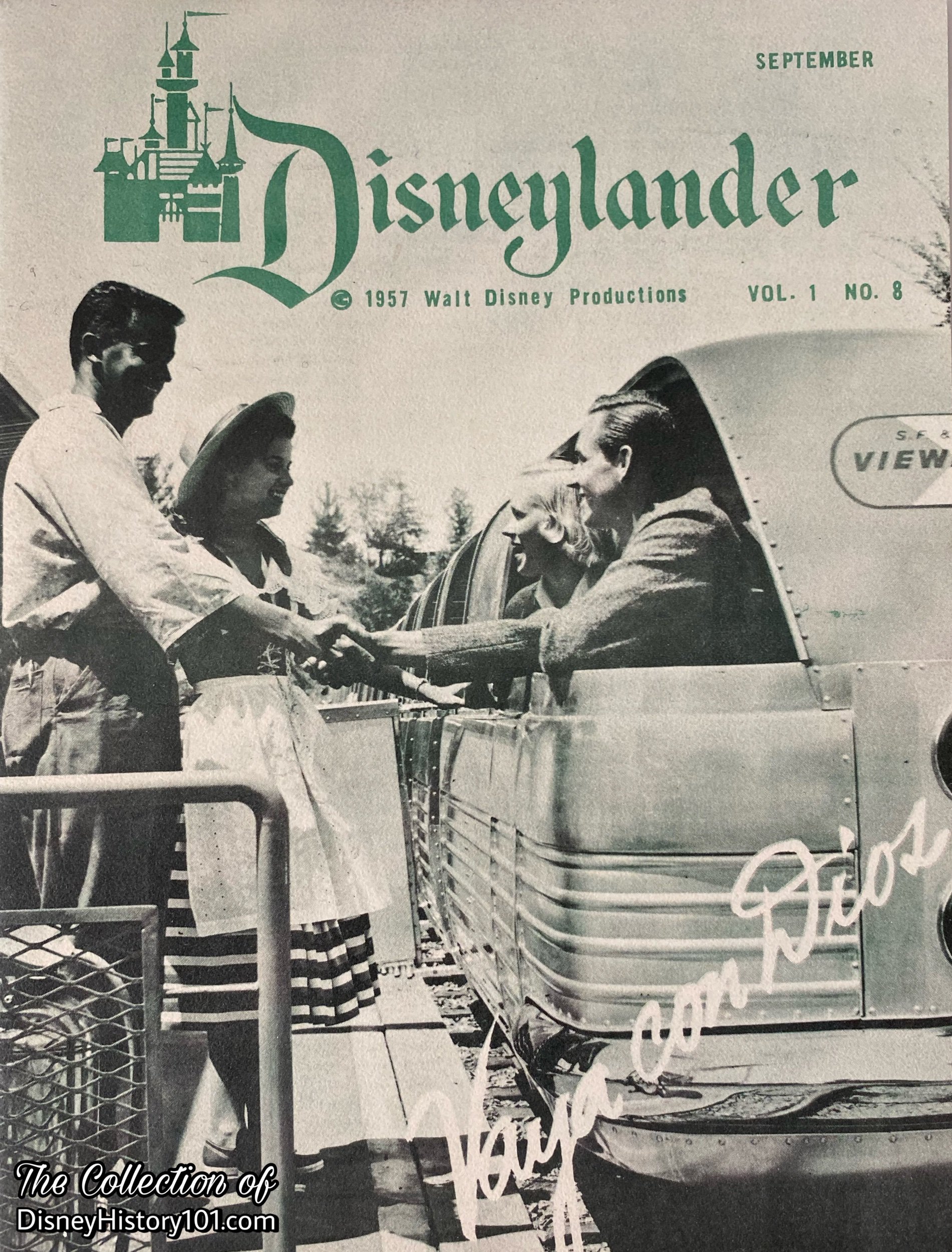 Covers of Disneylander often bid “Vaya Con Dios” to Disneylanders (and welcome the short-lived Viewliner attraction) on this cover of Vol.1, No.8; photo by Amador Acosta; published September 1957.