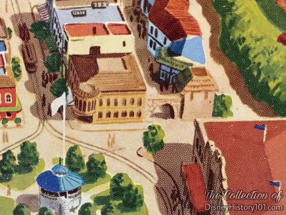 A Disneyland tin lithographic television tray bY California Metalware Corp. depicts the street.