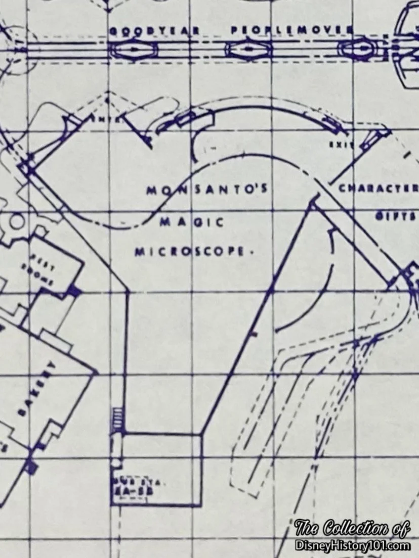 Monsanto's Magic Microscope as seen in an excerpt of one c.1967 WED Imagineering Disneyland Plot Plan facsimiles produced for MAGIC KINGDOM®.